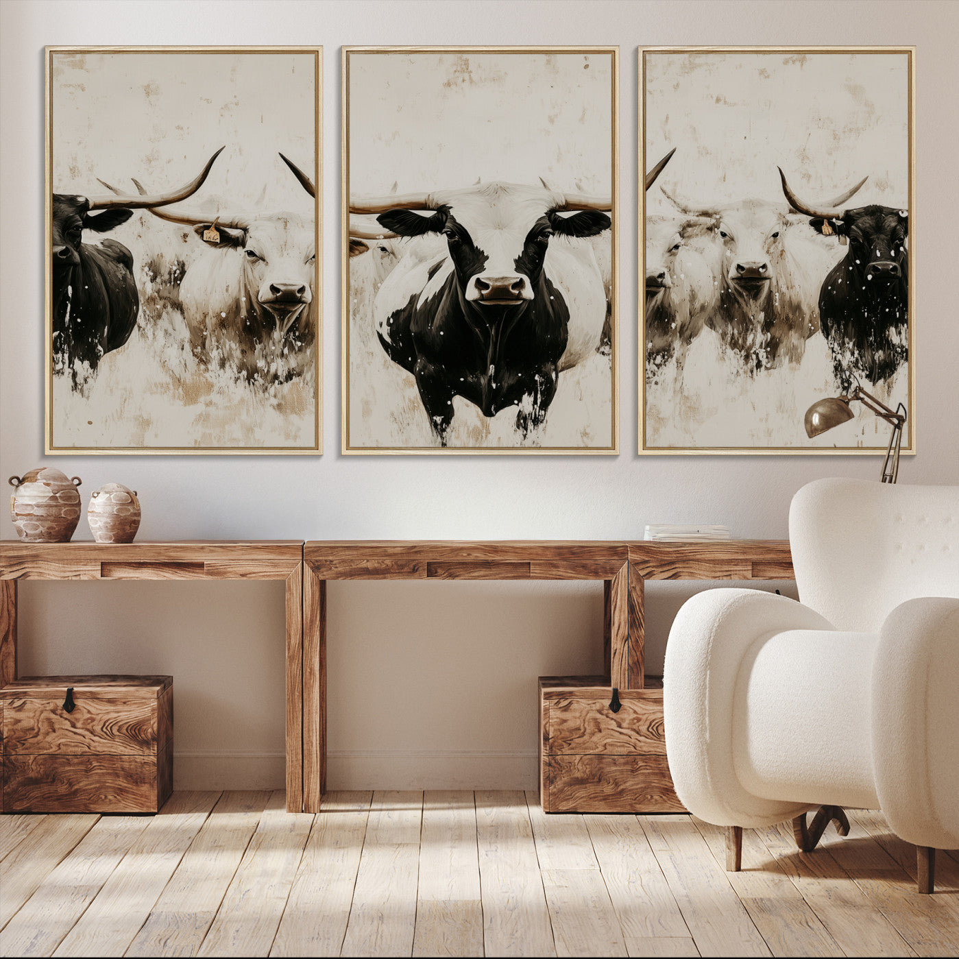 -Longhorn Cattle Wall Art Canvas Print, Framed Bison Herd Art Picture Print, Cattle Group Perfect