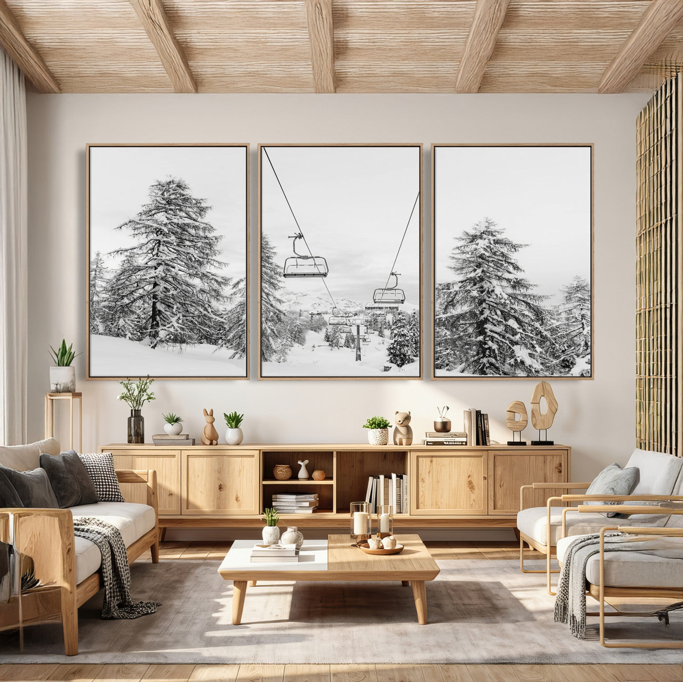 55003599-MGV-CV-36X24 - Snowy Ski Lift Wall Art – Framed Winter Forest Canvas Artwork, Peaceful Mountain Design, Modern Nature Decor for Home, Office
