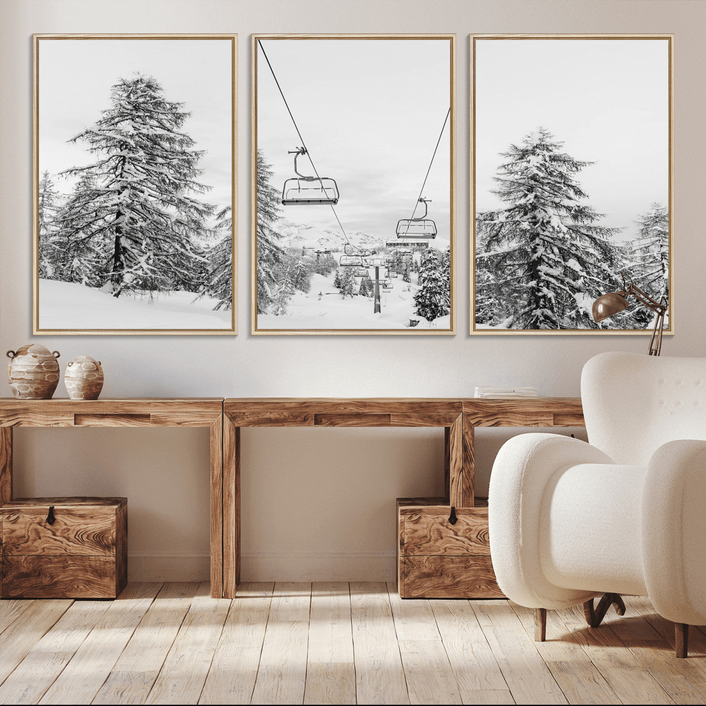 MGV-FC-60X30-3P - Wall Art Canvas Print Winter Chairlift Views Silent Snow-Covered Pines Mountain Calm Serenity Frozen