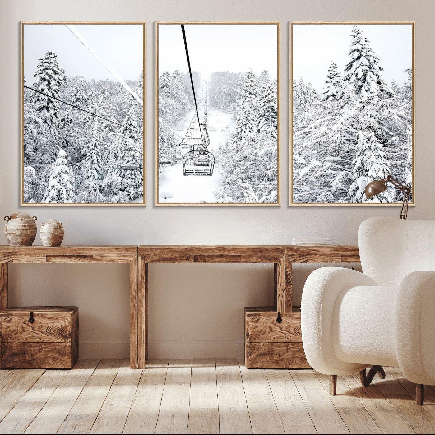MGV-FC-60X30-3P - Snowy Forest Escape Wall Art – Canvas Print of Majestic Snow Covered Pines & Silent Chairlift, Serene Winter Wonderland Decor for Living Room, Office or Bedroom