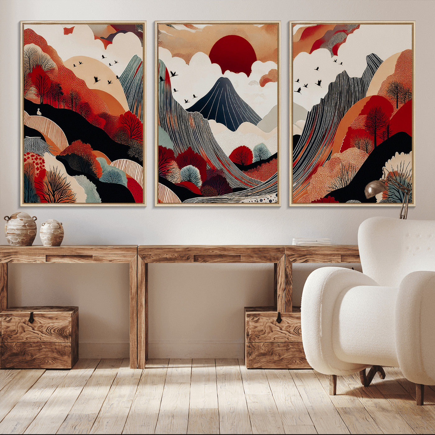-Abstract Mountain Wall Art Canvas Print, Framed Vibrant Landscape Art Picture Print, Stylized Nature Drawing Perfect Contemporary Minimalist Decor Artwork