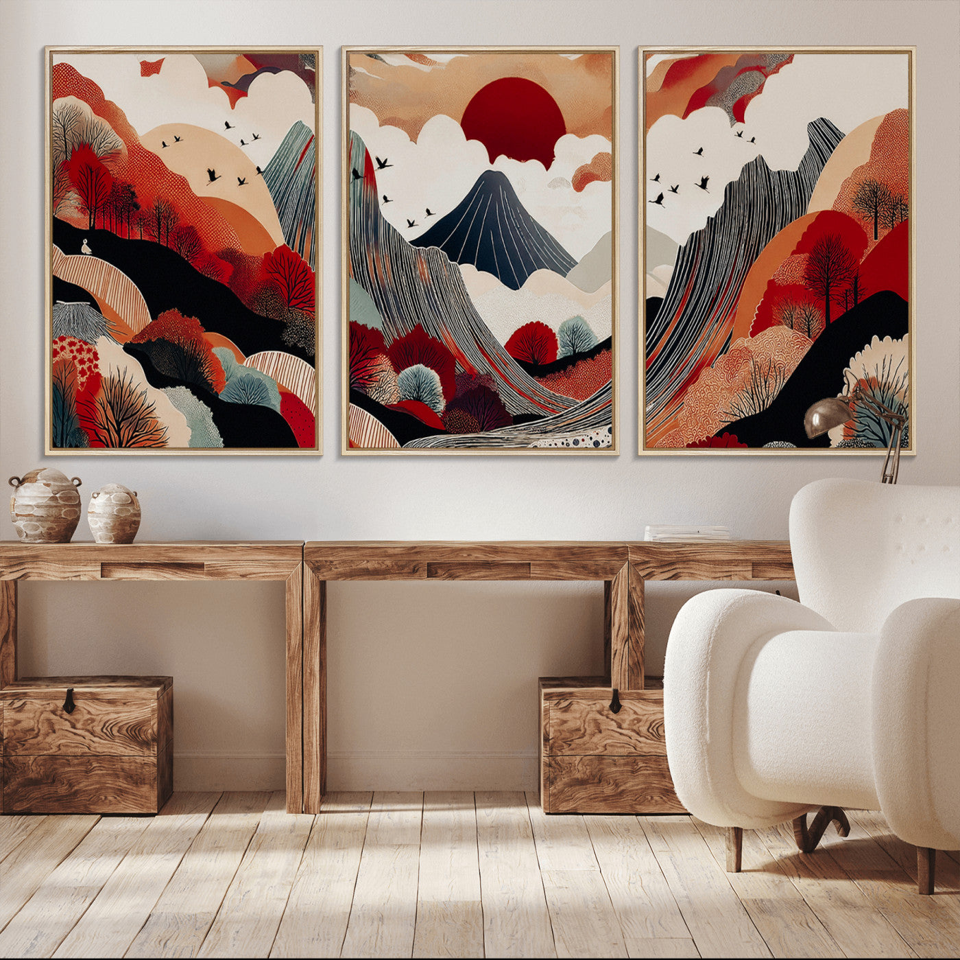 -Abstract Mountain Wall Art Canvas Print, Framed Vibrant Landscape Art Picture Print, Stylized Nature Drawing Perfect Contemporary Minimalist Decor Artwork