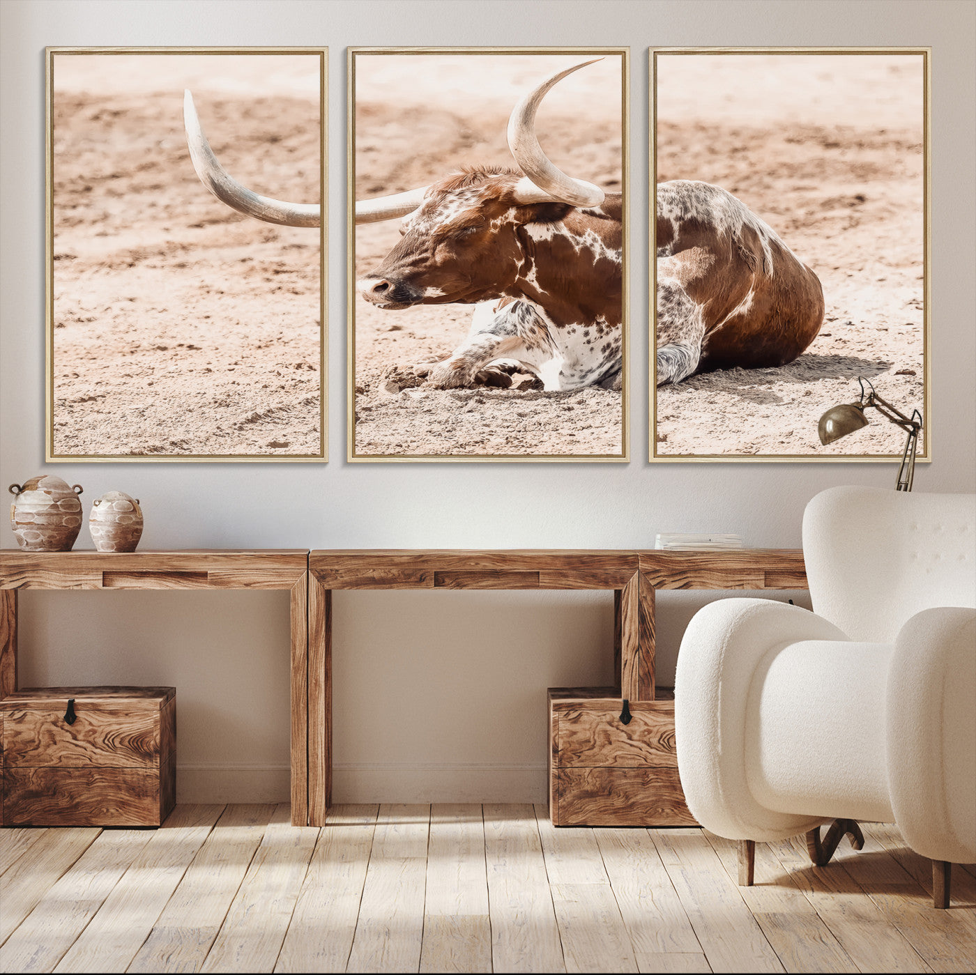 91248682-MGV-CV-36X24-Texas Longhorn Wall Art Canvas Print – Framed Resting Bull Spotted Cattle Western Ranch Animal Artwork for Home Office