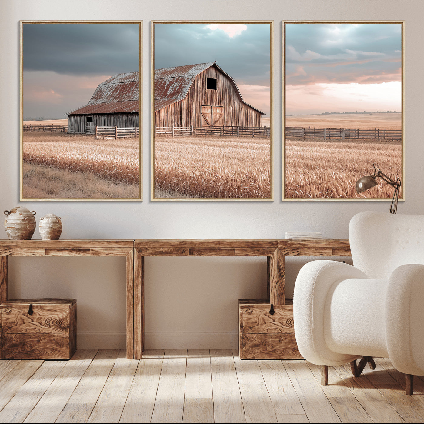 36878364-MGV-CV-48X32-3P-Rustic Barn Wall Art Canvas Print, Framed Wheat Field Art Picture Print, Sunset Barn Perfect Vintage Farmhouse Decor Artwork