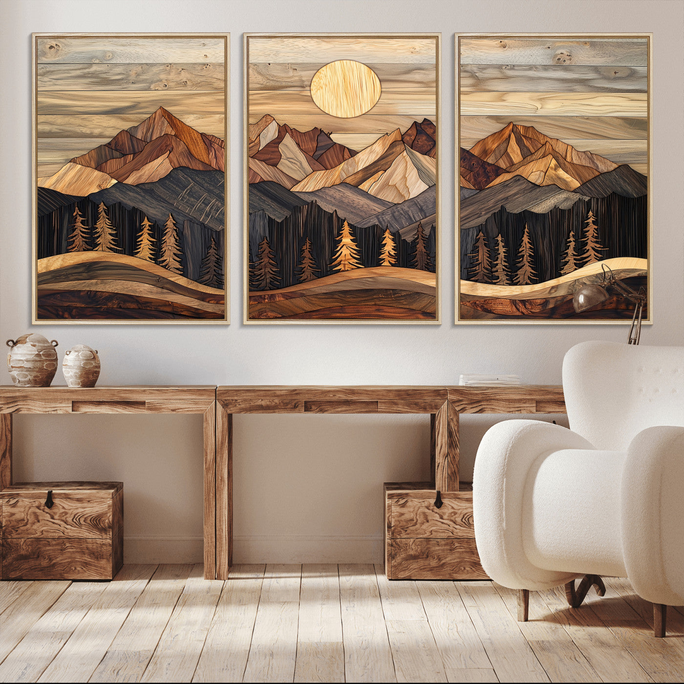 50100230-MGV-FC-60X30-3P_Natural-Wood Mountain Wall Art Canvas Print – Framed Boho Abstract Woodland Rustic Farmhouse Geometric Artwork for Home Office