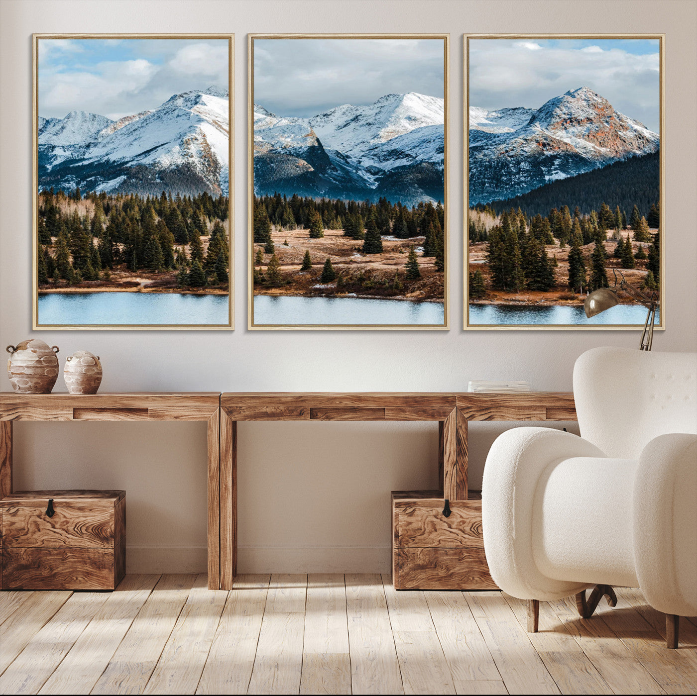 -Snowy Peaks Wall Art Canvas Print, Framed Alpine Lake Art Picture Print, Pine Forest Perfect Alpine
