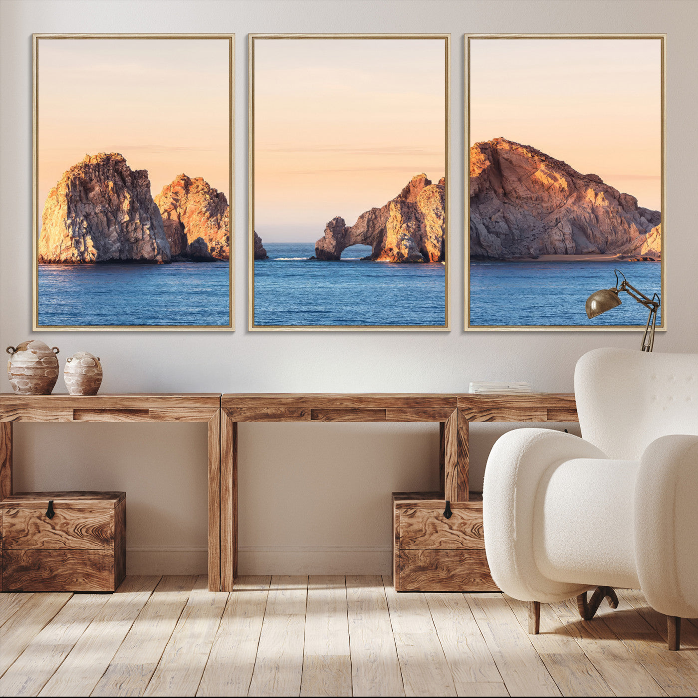 -El Arco Wall Art Canvas Print, Framed Cabo Rocks Art Picture Print, Ocean Arch Perfect Golden