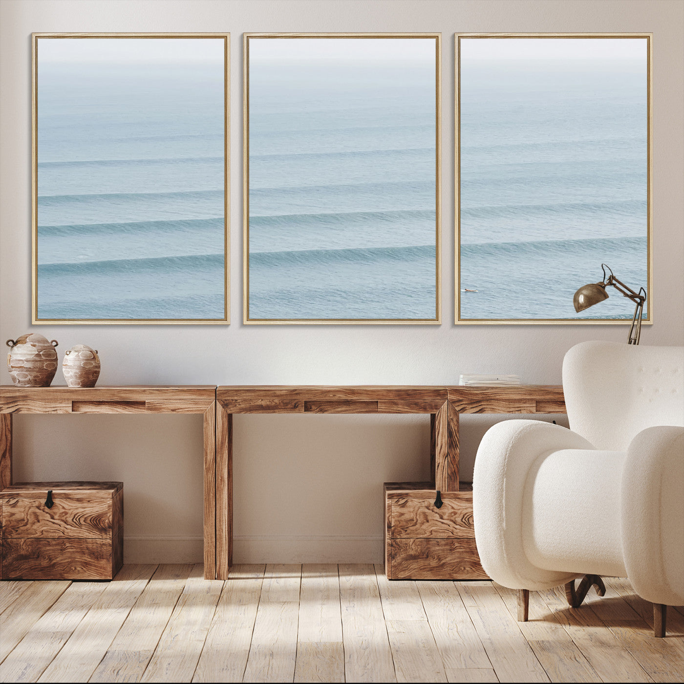 -Ocean Waves Wall Art Canvas Print, Framed Solo Surfer Art Picture Print, Wave Lines Perfect