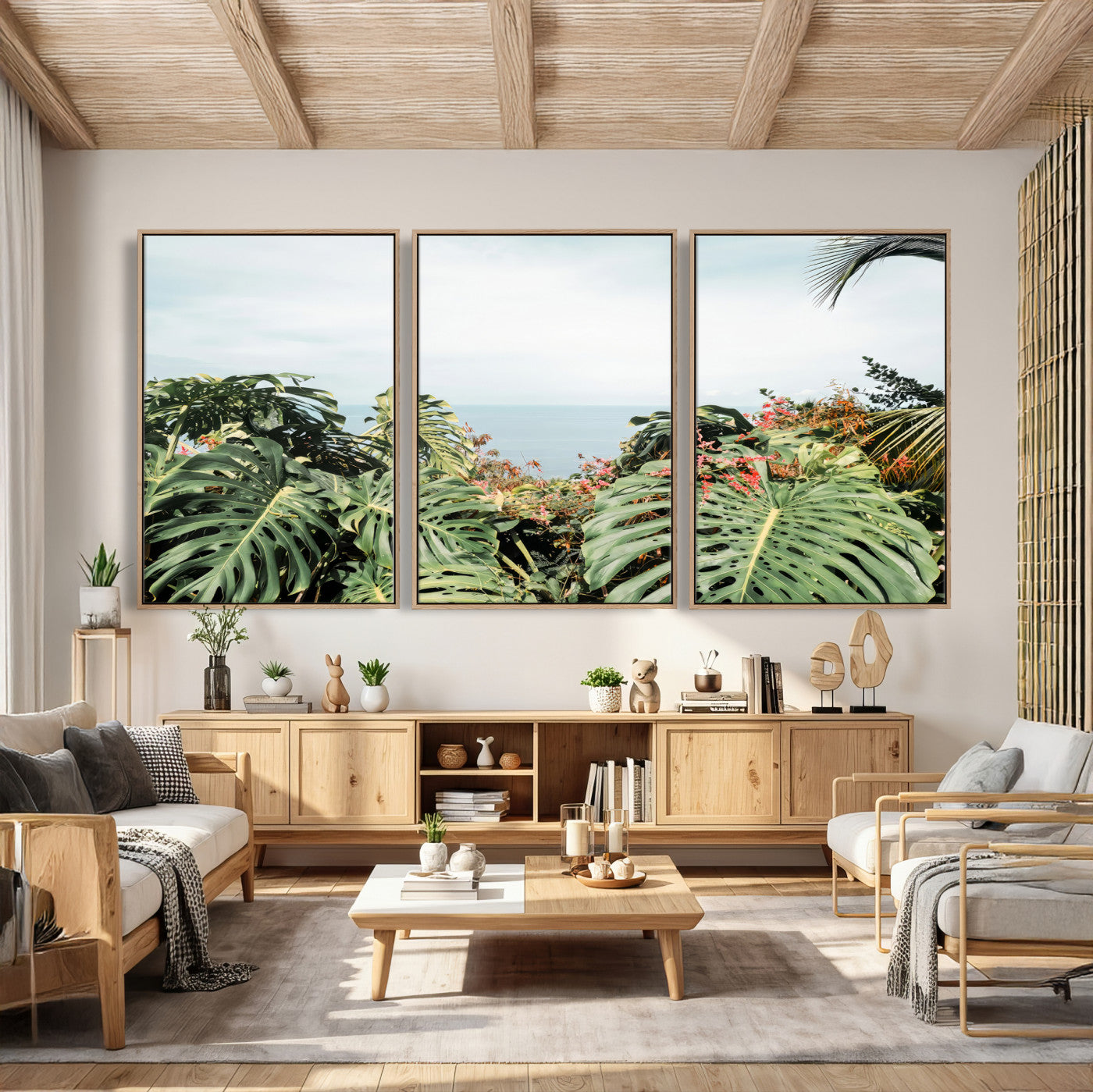 45700479-MGV-CV-36X24 - Tropical Greenery Wall Art – Exotic Leaves & Ocean View Canvas Print, Sunlit Paradise and Vibrant Nature for Living Room or Coastal Decor