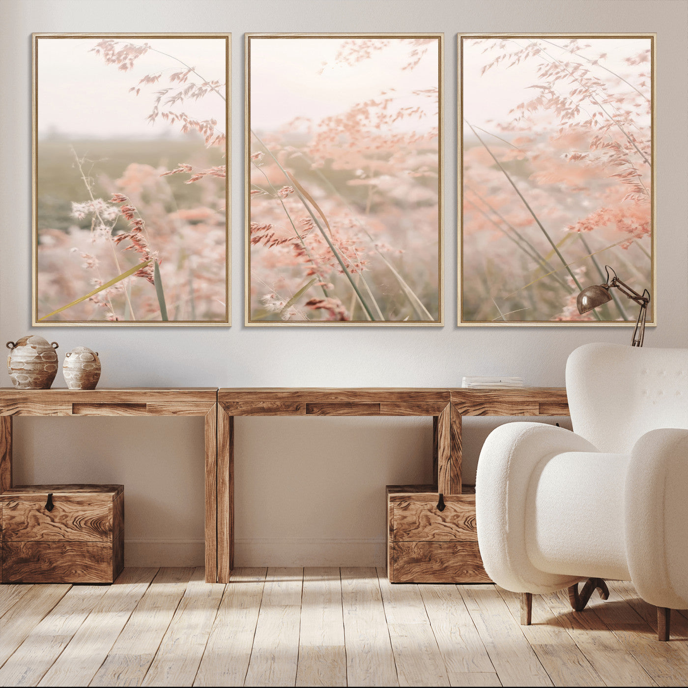 -Pastel Grasses Wall Art Canvas Print, Framed Soft Meadow Art Picture Print, Field in Breeze Perfect Soft Pastel Minimal Decor Artwork