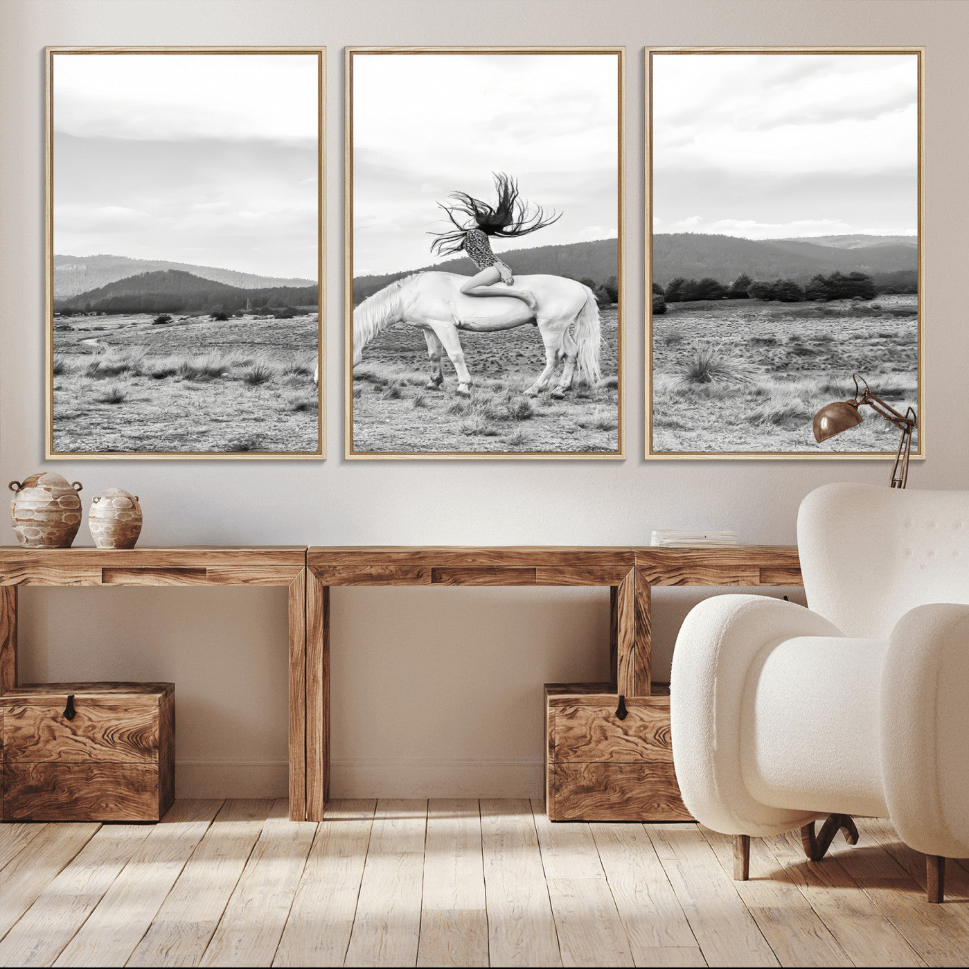 62789800-MGV-CV-36X24-White Horse Wall Art Canvas Print – Framed Woman Rider Equestrian Pose Western Boho Elegant Artwork for Home Office