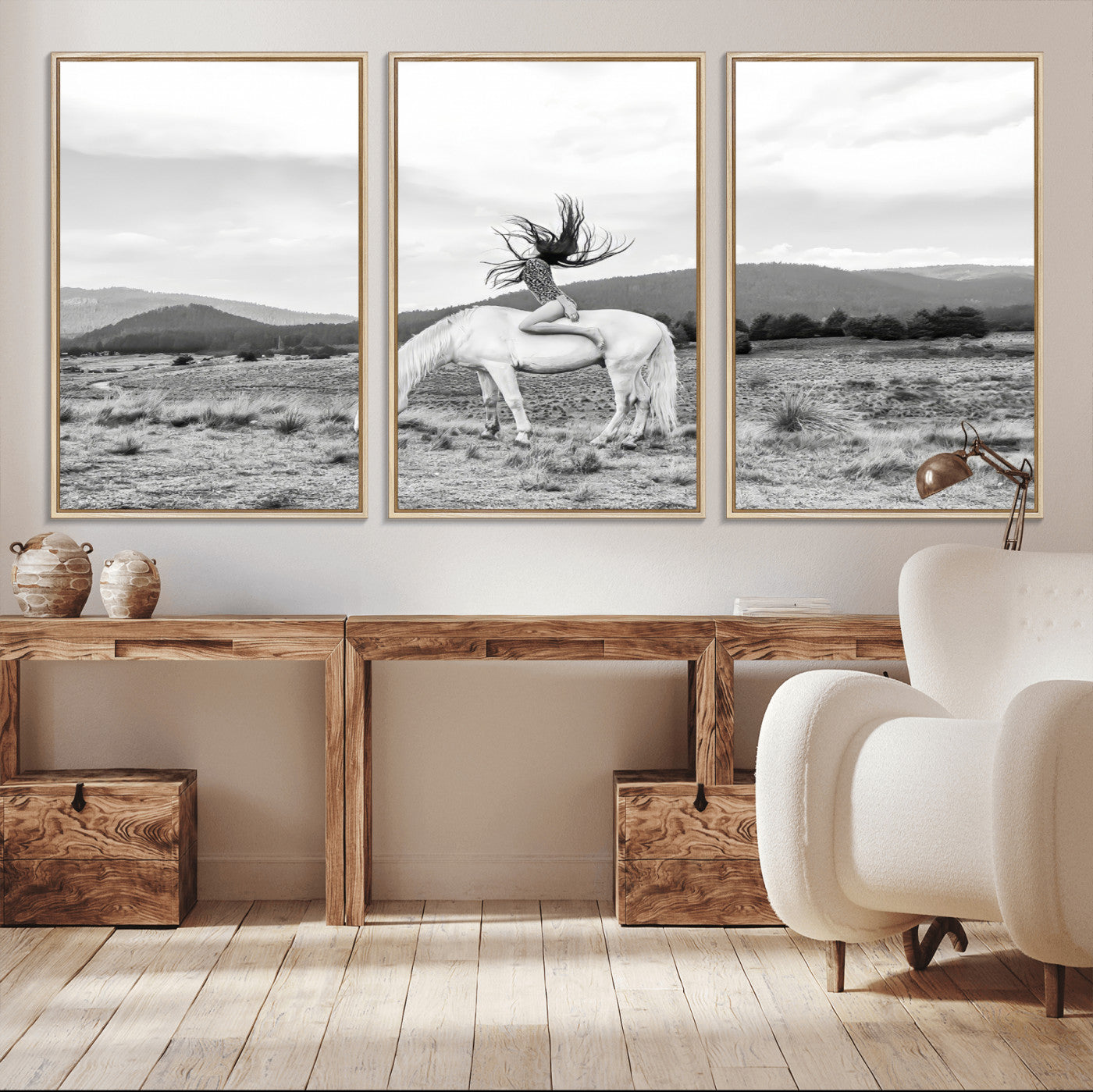 -White Horse Wall Art Canvas Print, Framed Woman Rider Art Picture Print, Equestrian Pose Perfect Western Boho Decor Artwork