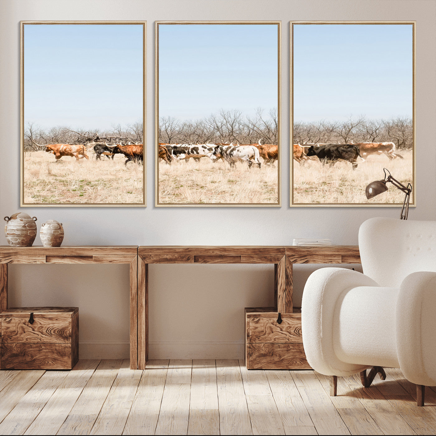 16563092-MGV-CV-36X24-Texas Longhorns Wall Art Canvas Print – Framed Western Cattle Rustic Herd Farmhouse Country Animal Artwork for Home Office