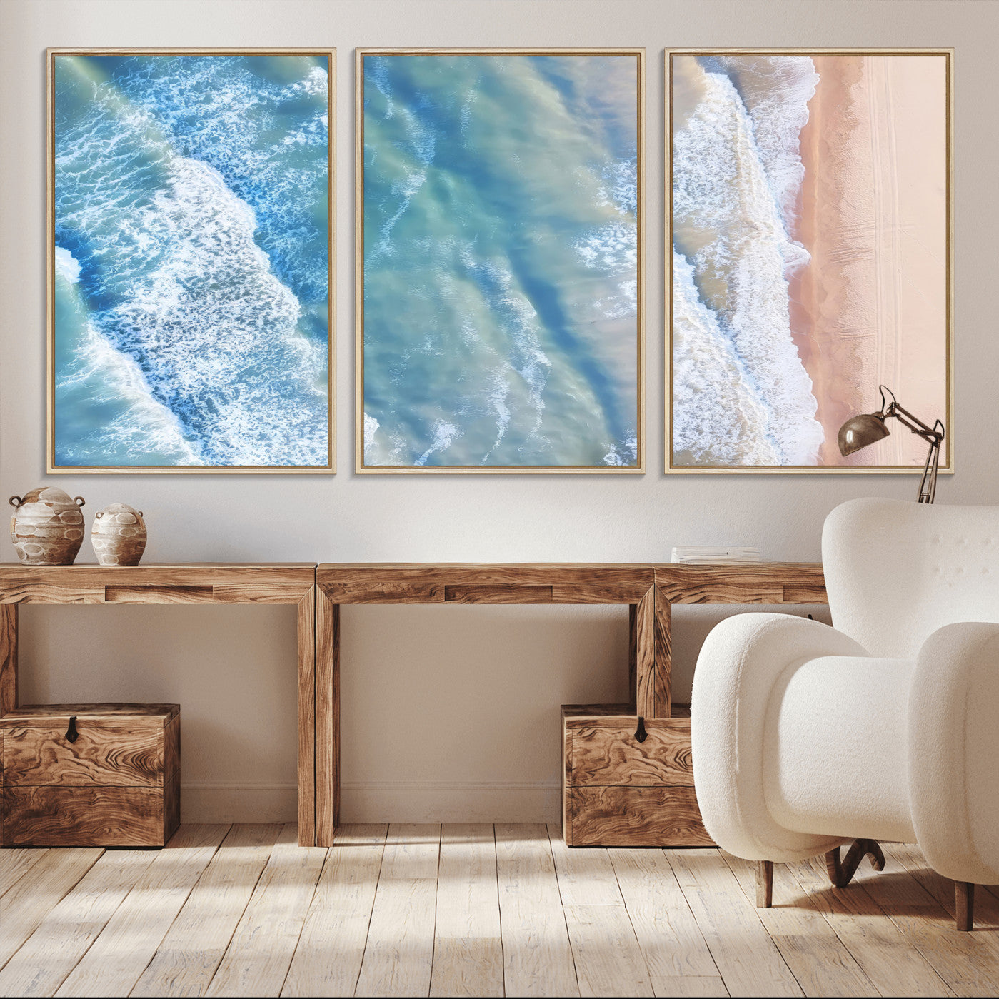 -Aerial Ocean View Wall Art Canvas Print, Framed Soft Blue Waves Art Picture Print, Sandy Shoreline Perfect Modern Coastal Decor Artwork