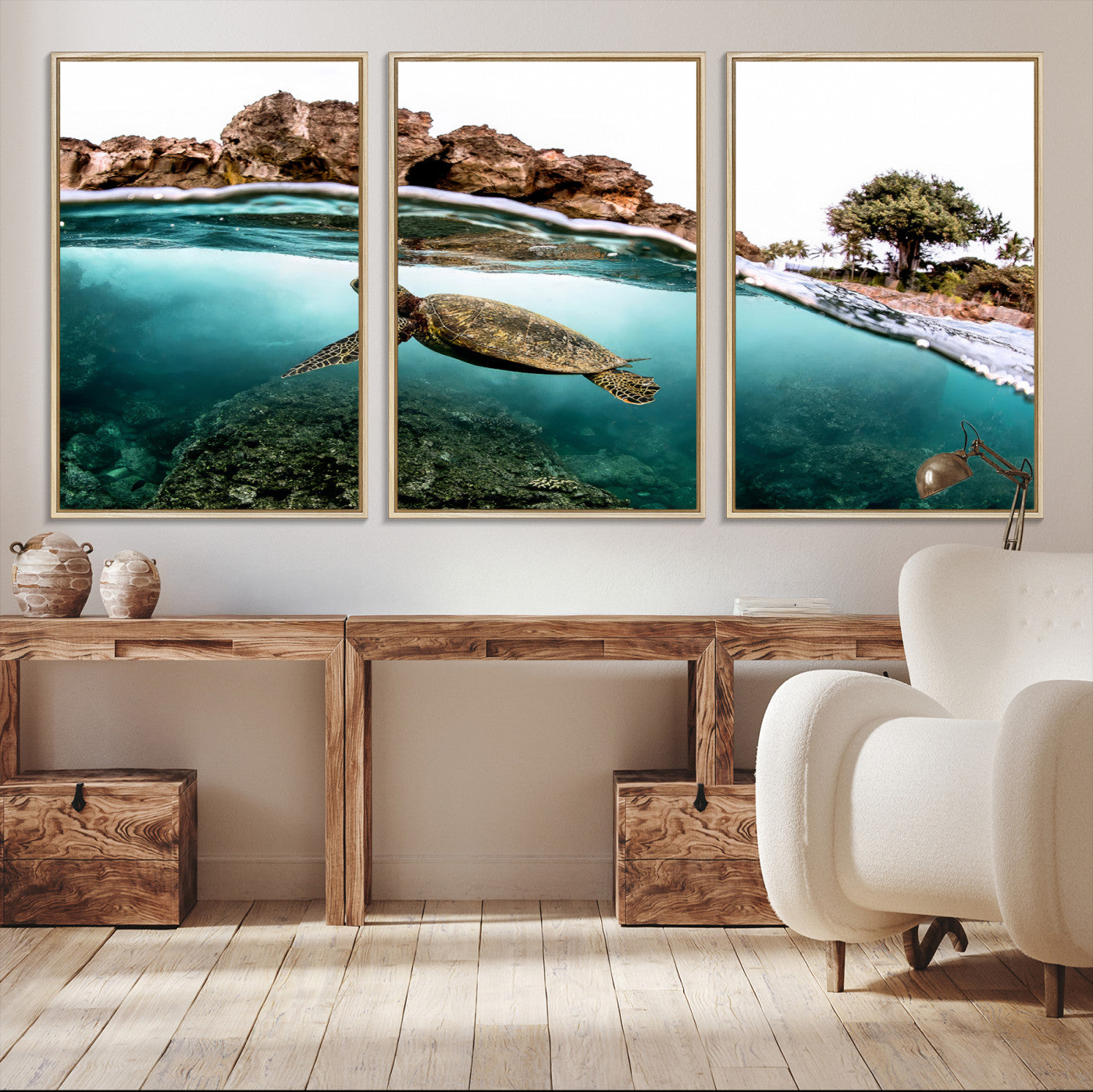 -Sea Turtle Wall Art Canvas Print, Framed Ocean Life Art Picture Print, Tropical Perfect Coastal