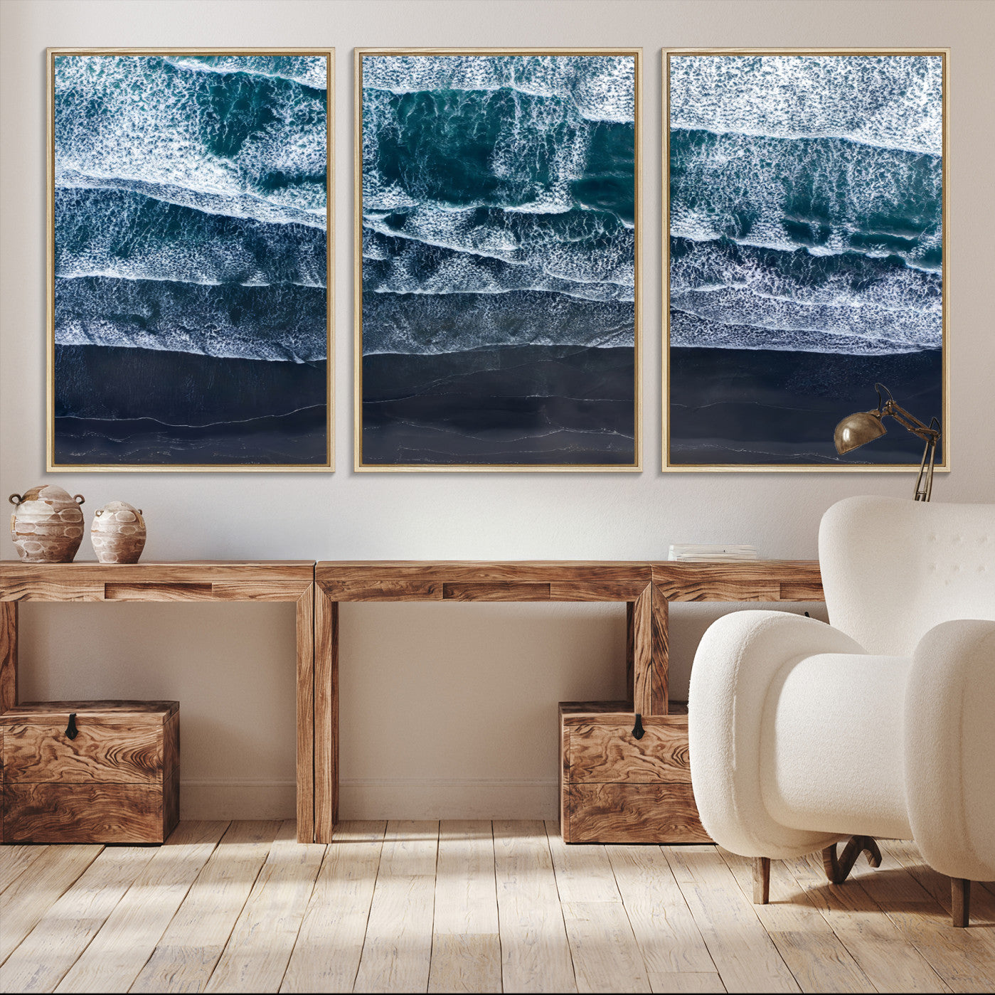 87941475-MGV-CV-36X24-Black Beach Wall Art Canvas Print – Framed Aerial Ocean View Moody Coastal Seascape Nature Artwork for Home Office