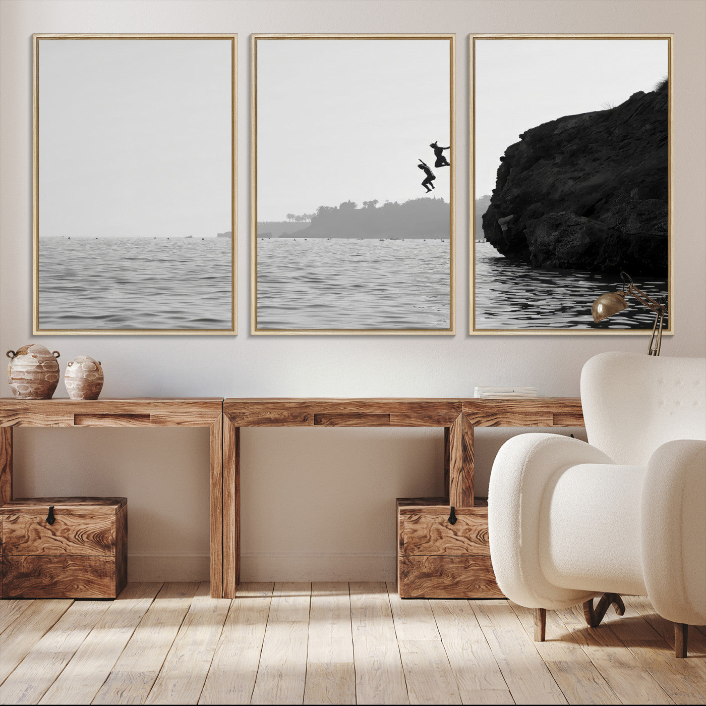 52284302-MGV-CV-36X24-Jumping Wall Art Canvas Print – Framed Coastal Ocean Scene Artwork for Relaxing Beach Home, Office Decor