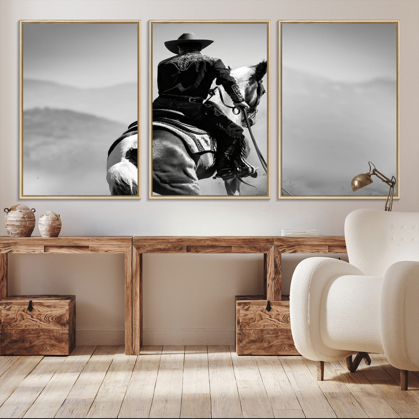 83102464-MGV-CV-36X24-Western Wall Art Canvas Print – Framed Cowboy and Horse Scene Artwork for Rustic Western Home, Office Decor
