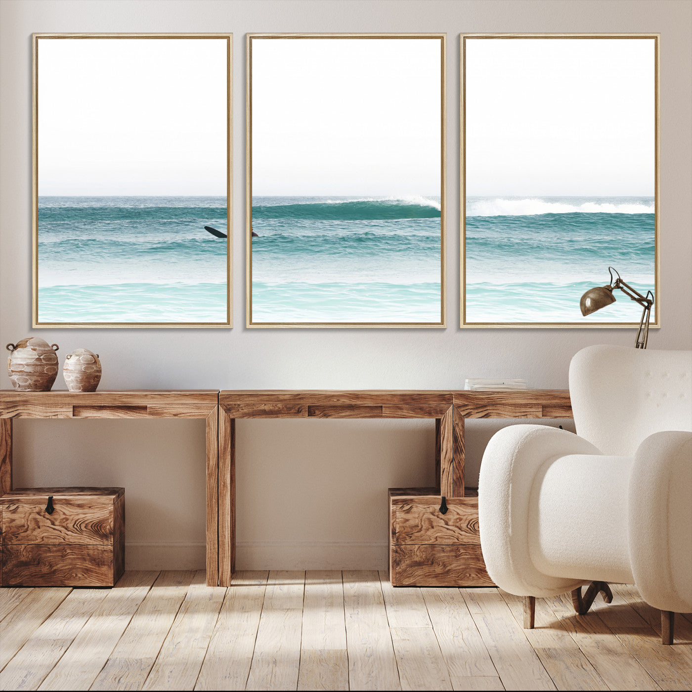 -Surfing Wall Art Canvas Print, Framed Ocean Art Picture Print, Waves Perfect Minimalist Decor for Living Room, Bedroom or Office