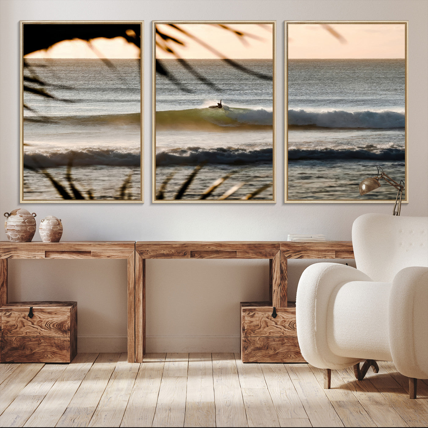 24896468-MGV-CV-36X24-Sunset Surf Wall Art Canvas Print – Framed Golden Hour Waves Scene Artwork for Boho Home, Office, Living Room Decor