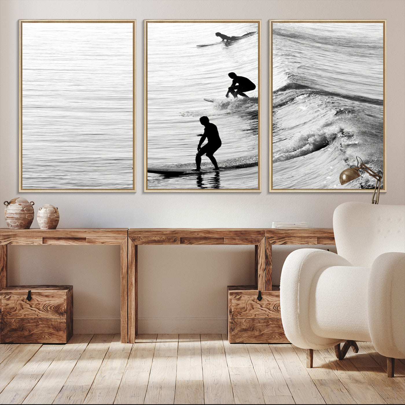 -Surfers on Waves Wall Art Canvas Print, Framed Black White Surf Art Picture Print, Monochrome Ocean