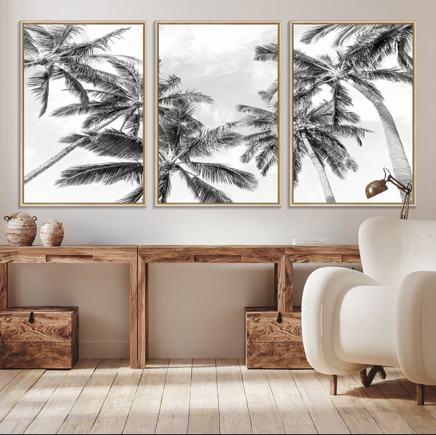62113786-MGV-CV-36X24-Black and White Palm Wall Art Canvas Print – Framed Monochrome Tropical Beach Scene Artwork for Modern Home, Office Decor