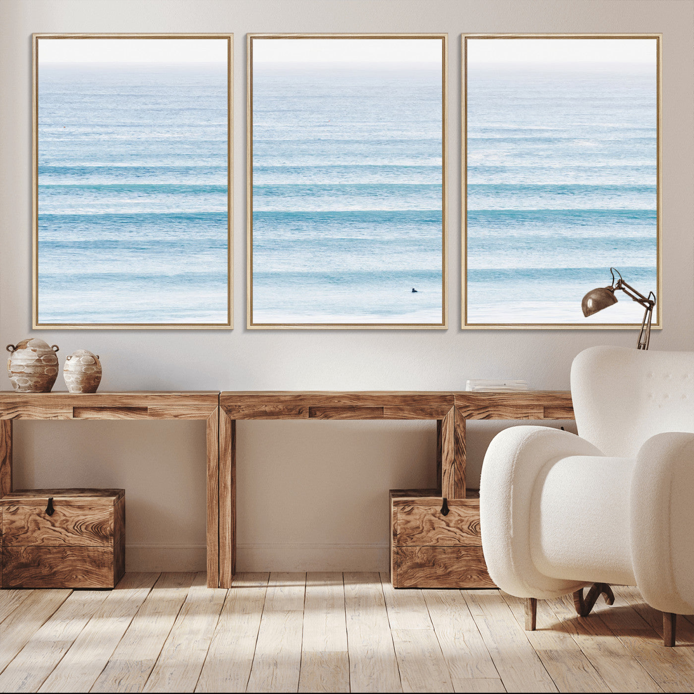 77145995-MGV-CV-36X24-Ocean Wave Surfer Wall Art – Framed Minimal Seascape Canvas Artwork, Calm Blue Water Design, Coastal Decor for Home, Office