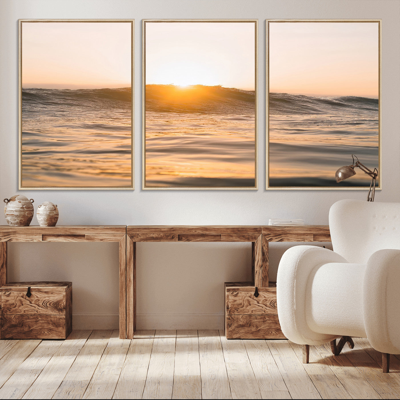 16973771-MGV-CV-36X24-Calm Water Wall Art – Framed Sunset Waves Canvas Artwork, Coastal Warm Design, Minimal Ocean Decor for Home, Office