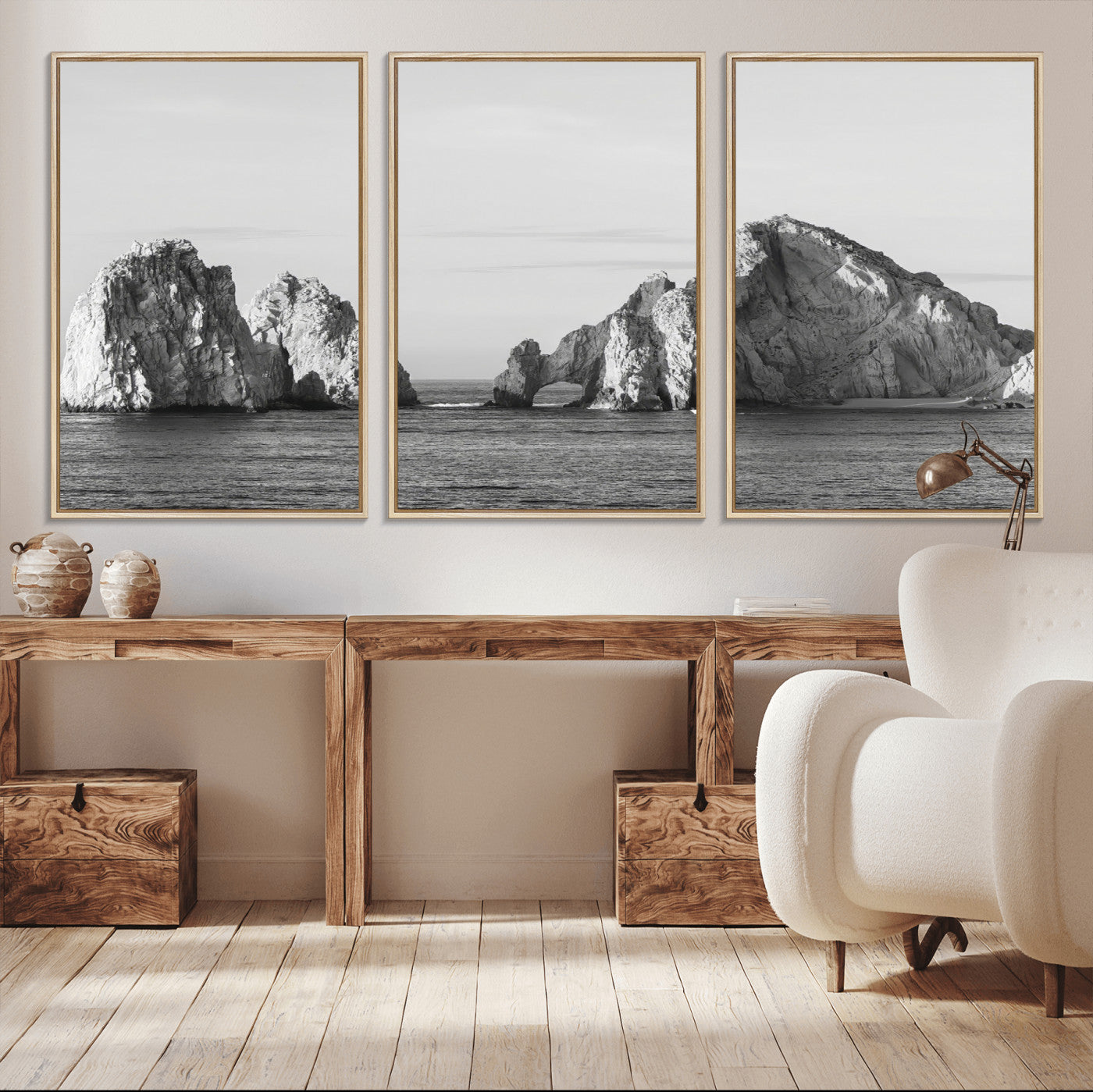 MGV-FC-60X30-3P - Rugged Coastline Wall Art Canvas Print, Framed Ocean Cliffs Art Picture Print, Monochrome Seascape Perfect Coastal Minimalist Decor Artwork