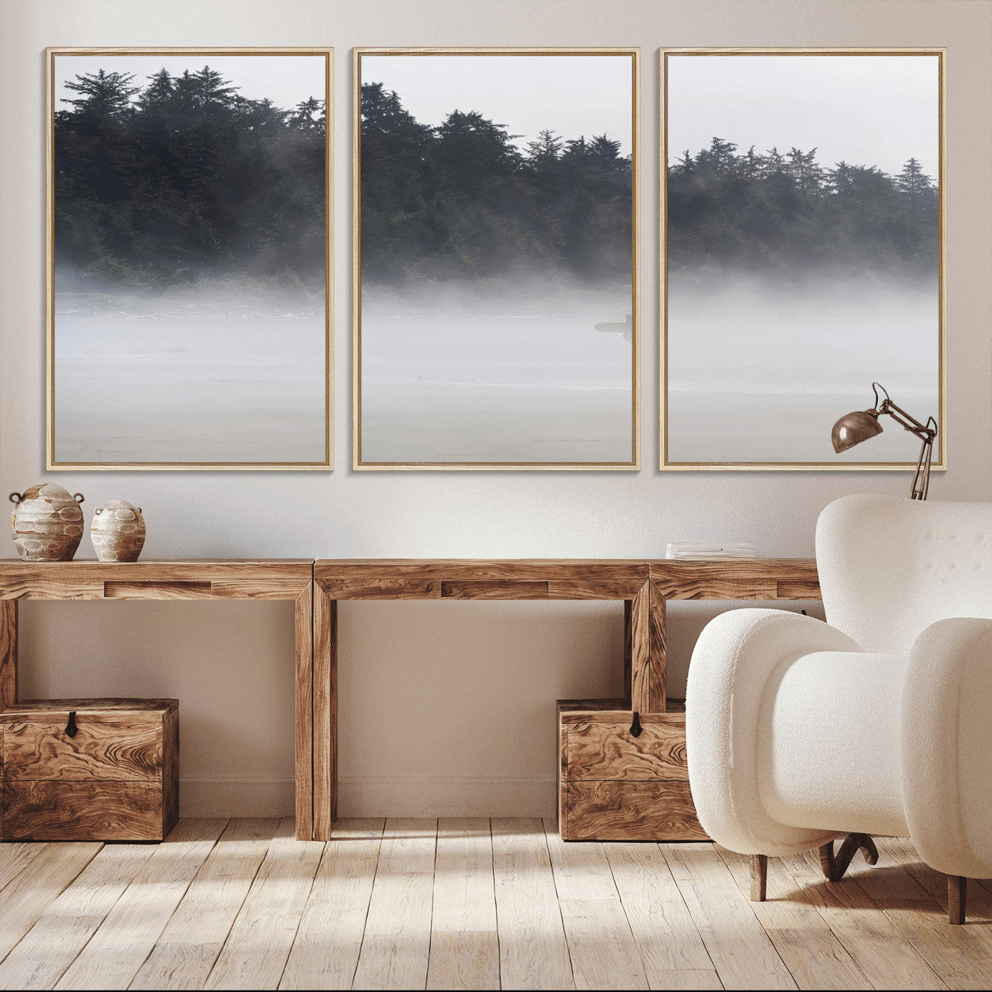 59703275-MGV-CV-36X24-Surfer Fog Wall Art Canvas Print – Framed Foggy Beach Scene with Coastal Surf Artwork for Home, Office, Living Room