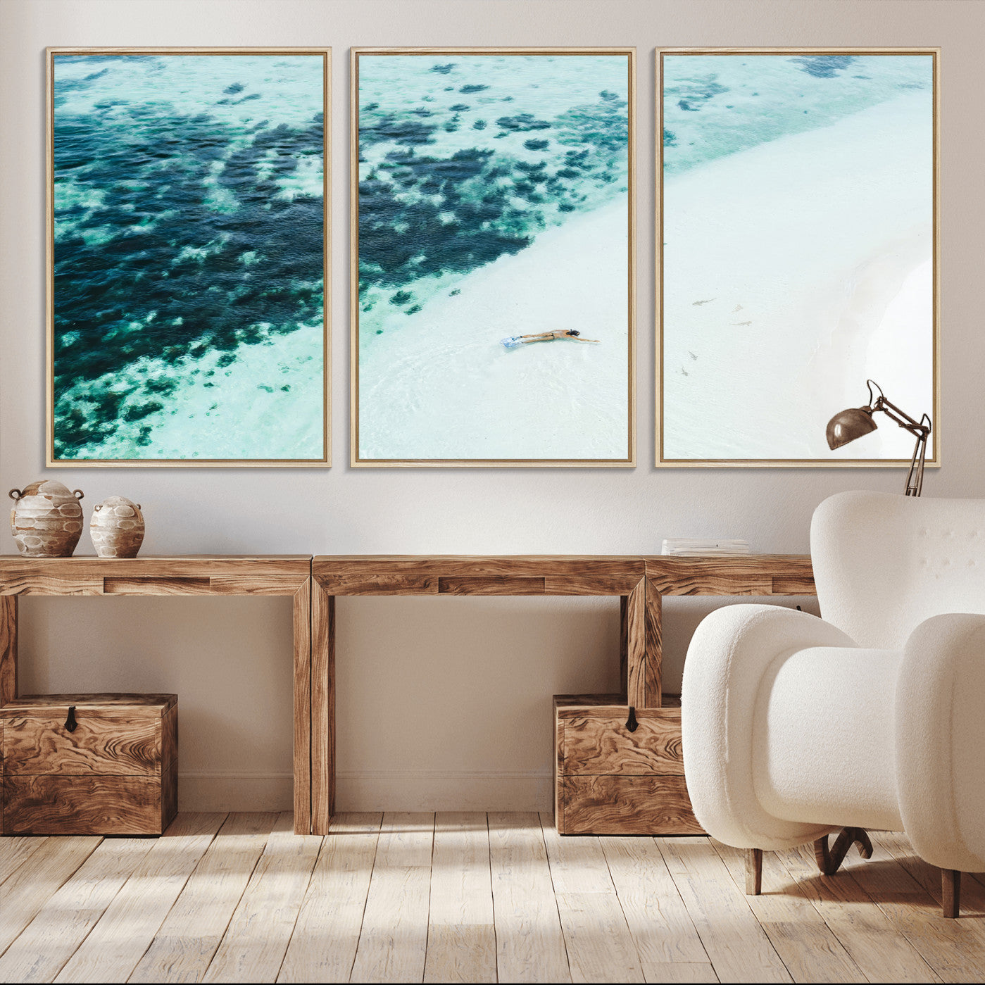 33764764-MGV-CV-36X24-Minimal Beach Wall Art – Framed Ocean Swimming Canvas Artwork, Clear Blue Sea Design, Modern Coastal Decor for Home, Office