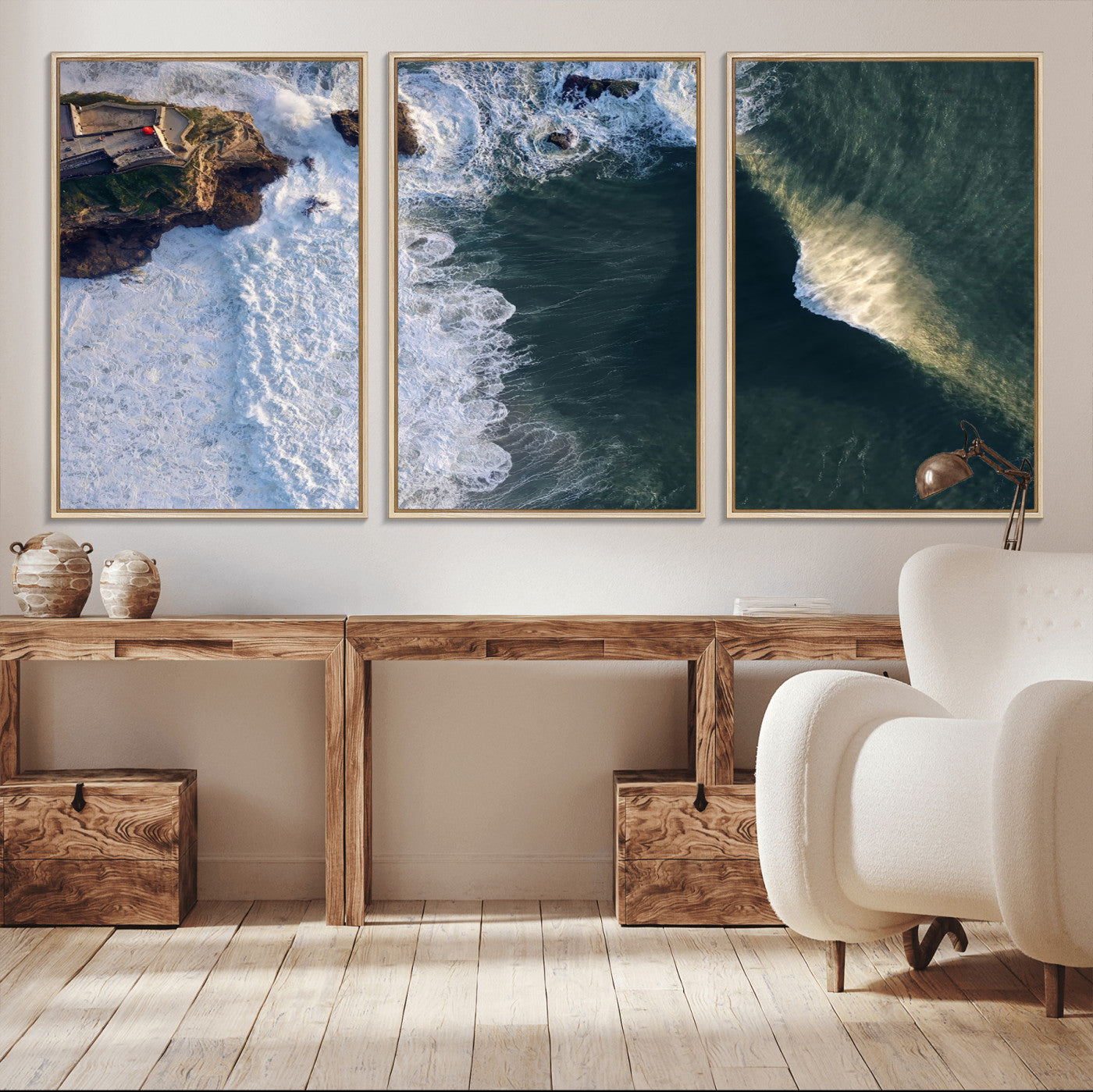 MGV-FC-60X30-3P - Nazaré Coast Wall Art Canvas Print, Framed Aerial Ocean Art Picture Print, Coastal Fortress Perfect Dramatic Coastal Decor Artwork