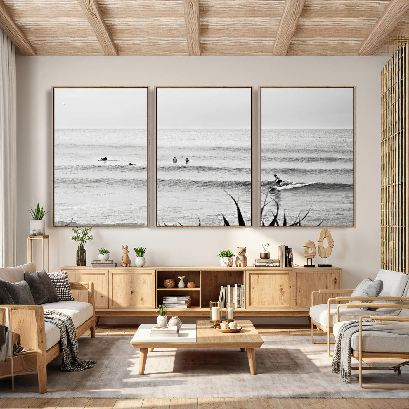 33821421-MGV-CV-36X24 - Surfer Silhouette Wall Art Canvas Print, Framed Calm Ocean Art Picture Print, Monochrome Surf Minimalist Coastal Decor Artwor