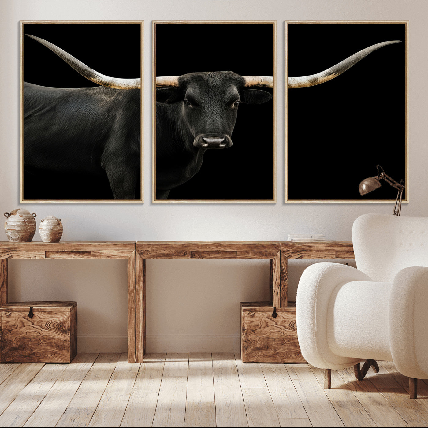 99448328-MGV-CV-36X24-Longhorn Cattle Wall Art Canvas Print – Framed Texas Ranch Scene with Western Cow Artwork for Home, Office, Living Room