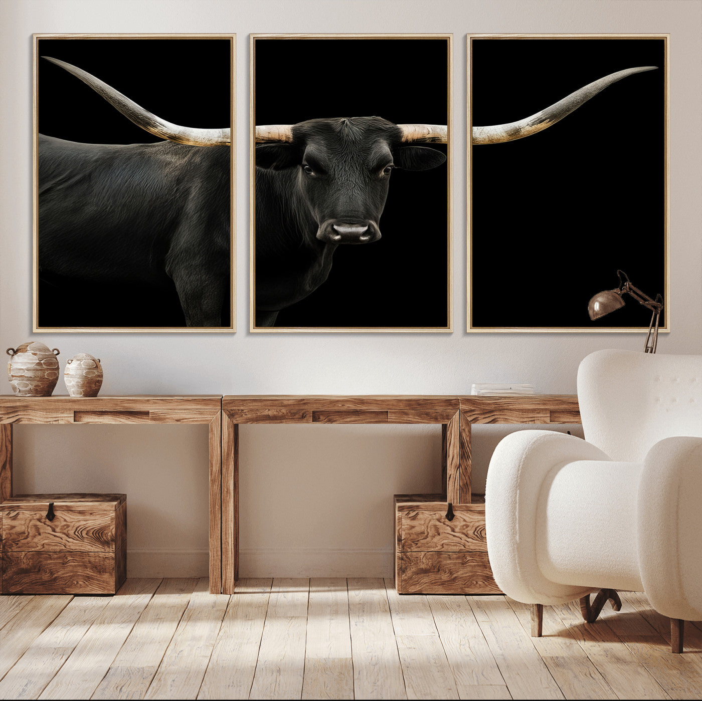 99448328-MGV-CV-36X24-Longhorn Cattle Wall Art Canvas Print – Framed Texas Ranch Scene with Western Cow Artwork for Home, Office, Living Room