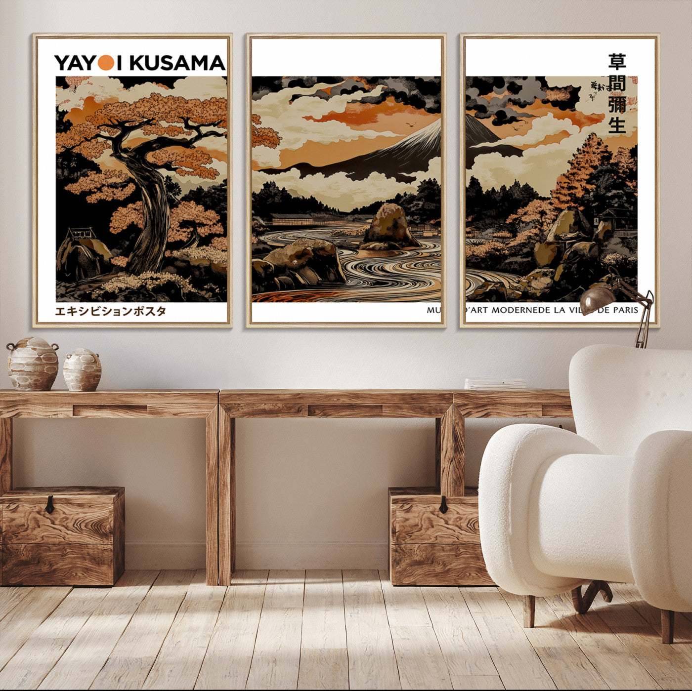 96372548-MGV-CV-36X24-Modern Japanese Wall Art Canvas Print – Framed Abstract Mount Fuji Scene with Yayoi Kusama Style Artwork for Home, Office