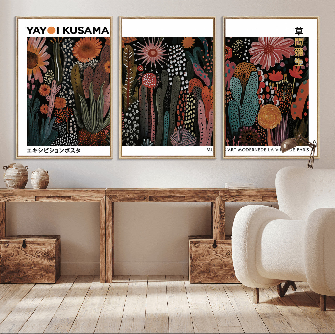 70632622-MGV-CV-36X24-Modern Japanese Wall Art Canvas Print – Framed Abstract Mount Fuji Scene with Yayoi Kusama Artwork for Home, Office