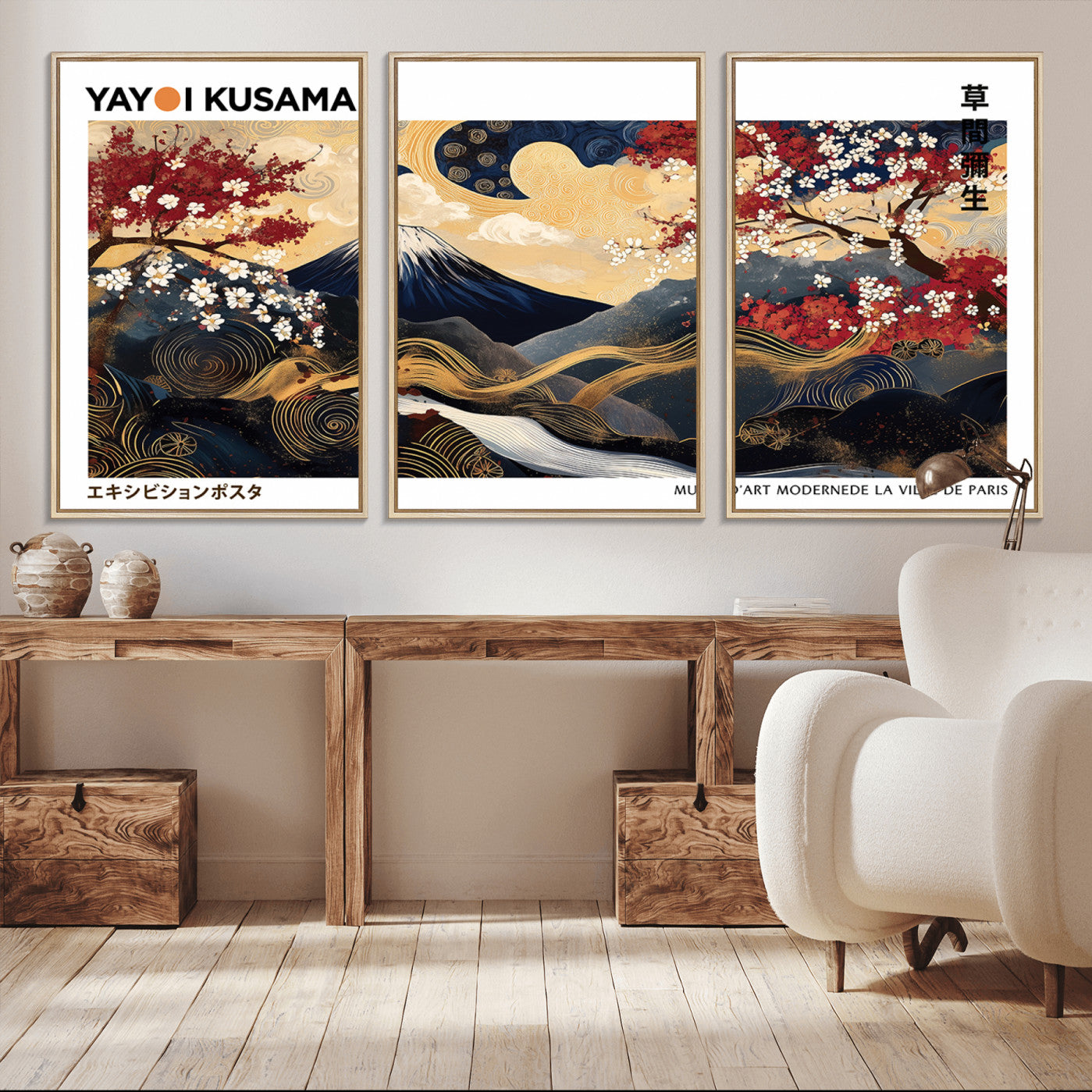 66243961-MGV-CV-36X24-Modern Mount Fuji Wall Art Canvas Print – Framed Abstract Mount Fuji Scene with Yayoi Kusama Artwork for Home, Office