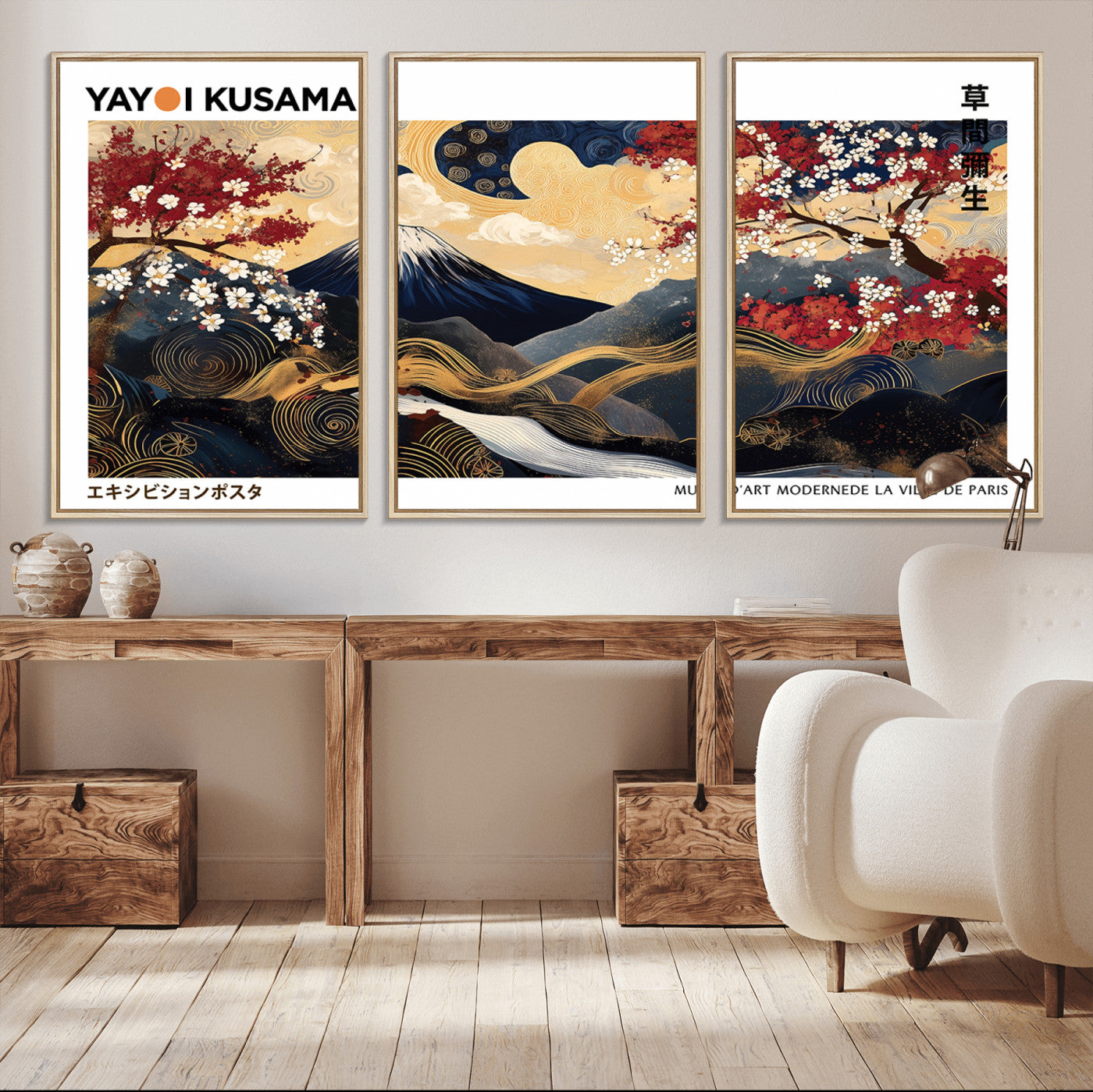 66243961-MGV-CV-36X24-Modern Mount Fuji Wall Art Canvas Print – Framed Abstract Mount Fuji Scene with Yayoi Kusama Artwork for Home, Office