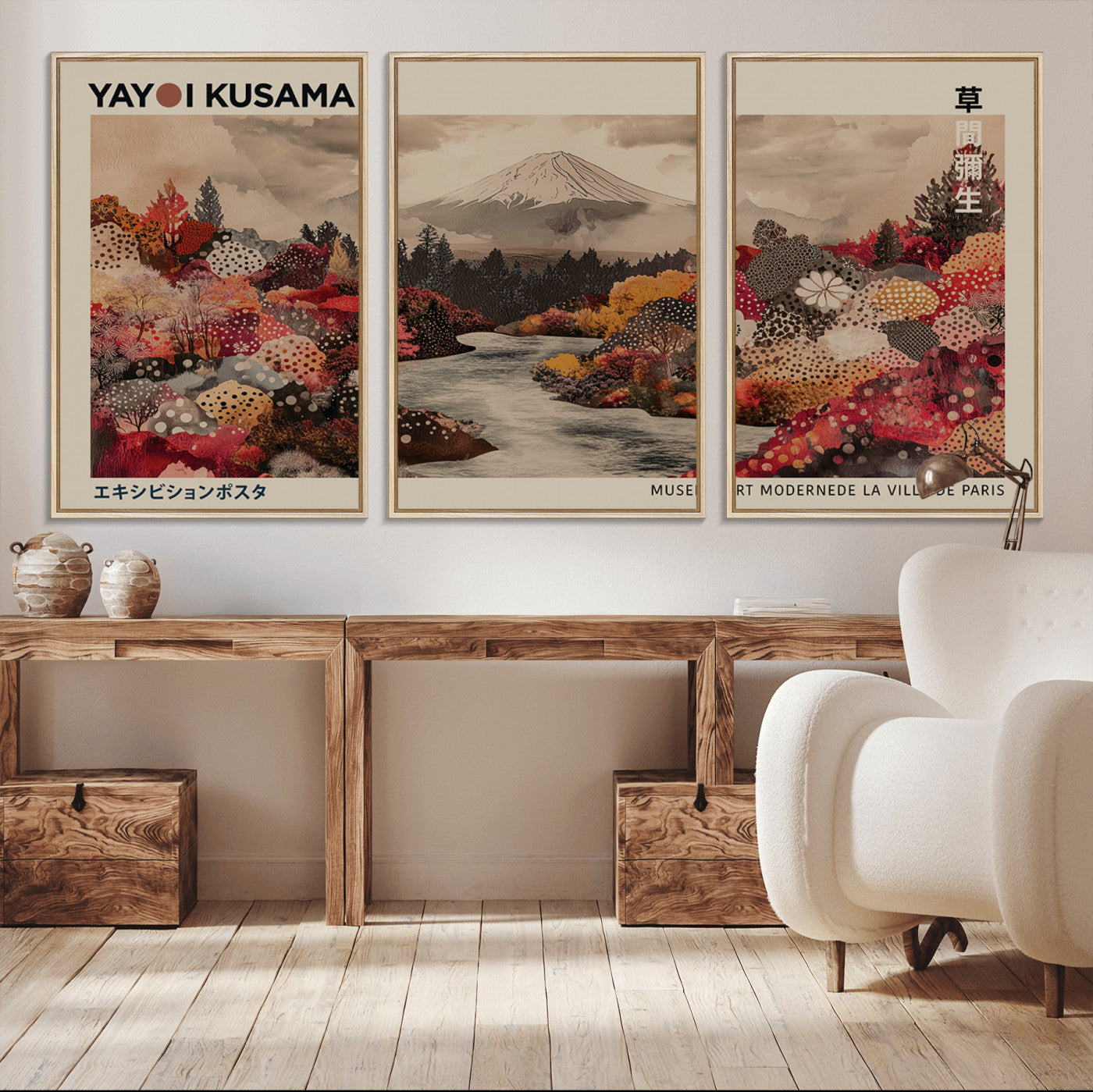 90660838-MGV-CV-36X24-Modern Japanese Wall Art Canvas Print – Framed Abstract Mount Fuji Scene with Yayoi Kusama Artwork for Home, Office