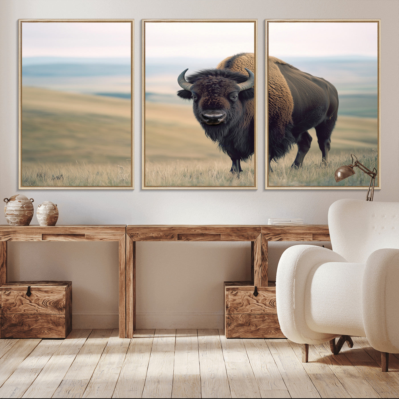 60097194-MGV-FC-60X30-3P_Natural-Bison Wall Art Canvas Print – Framed Buffalo American Bison Western Ranch Rustic Animal Artwork for Home, Office