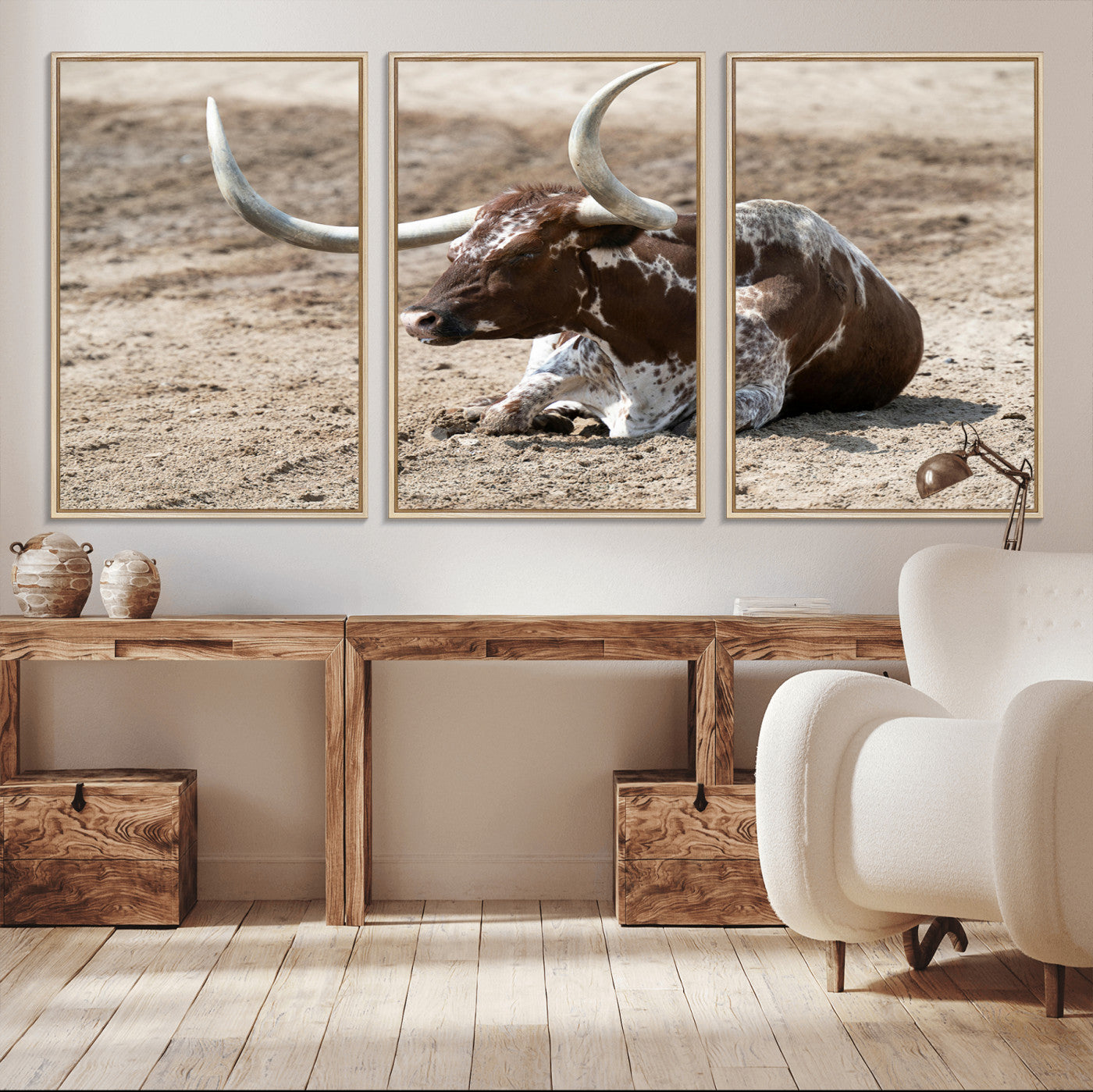 76549210-MGV-CV-36X24-Texas Longhorn Wall Art Canvas Print – Framed Country Living Farmhouse Rustic Cattle Scene Artwork for Home Office