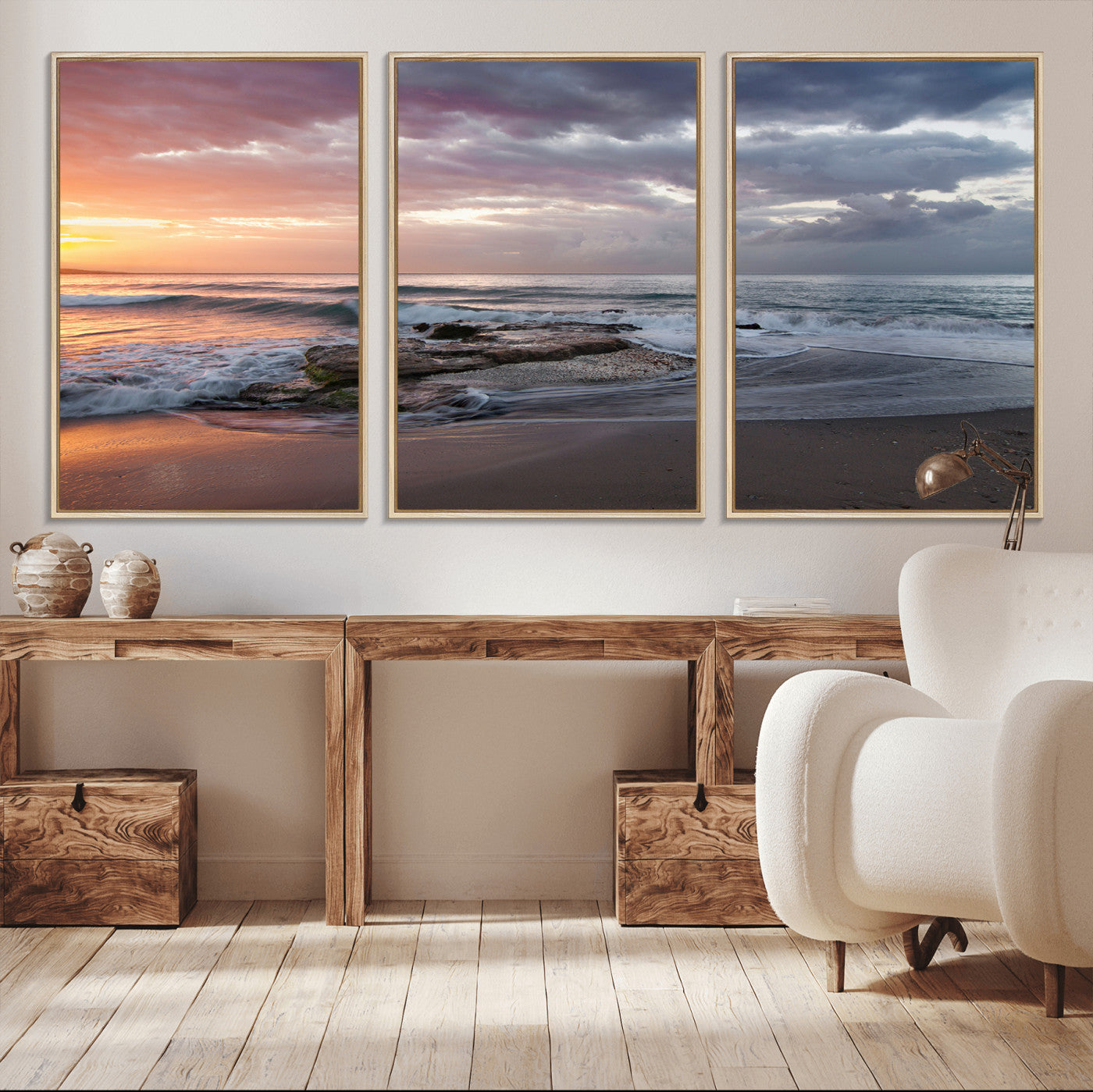 -Golden Hour Wall Art Canvas Print – Framed Tranquil Waves Beach Coastal Serenity Nature Scene Artwork for Home Office