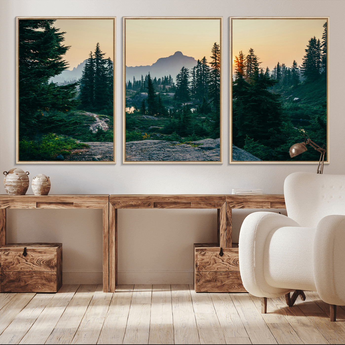 66397982-MGV-FC-60X30-3P_Natural-Mountain Wall Art Canvas Print – Framed Forest Serenity Mountain Nature Scene Artwork for Home Office