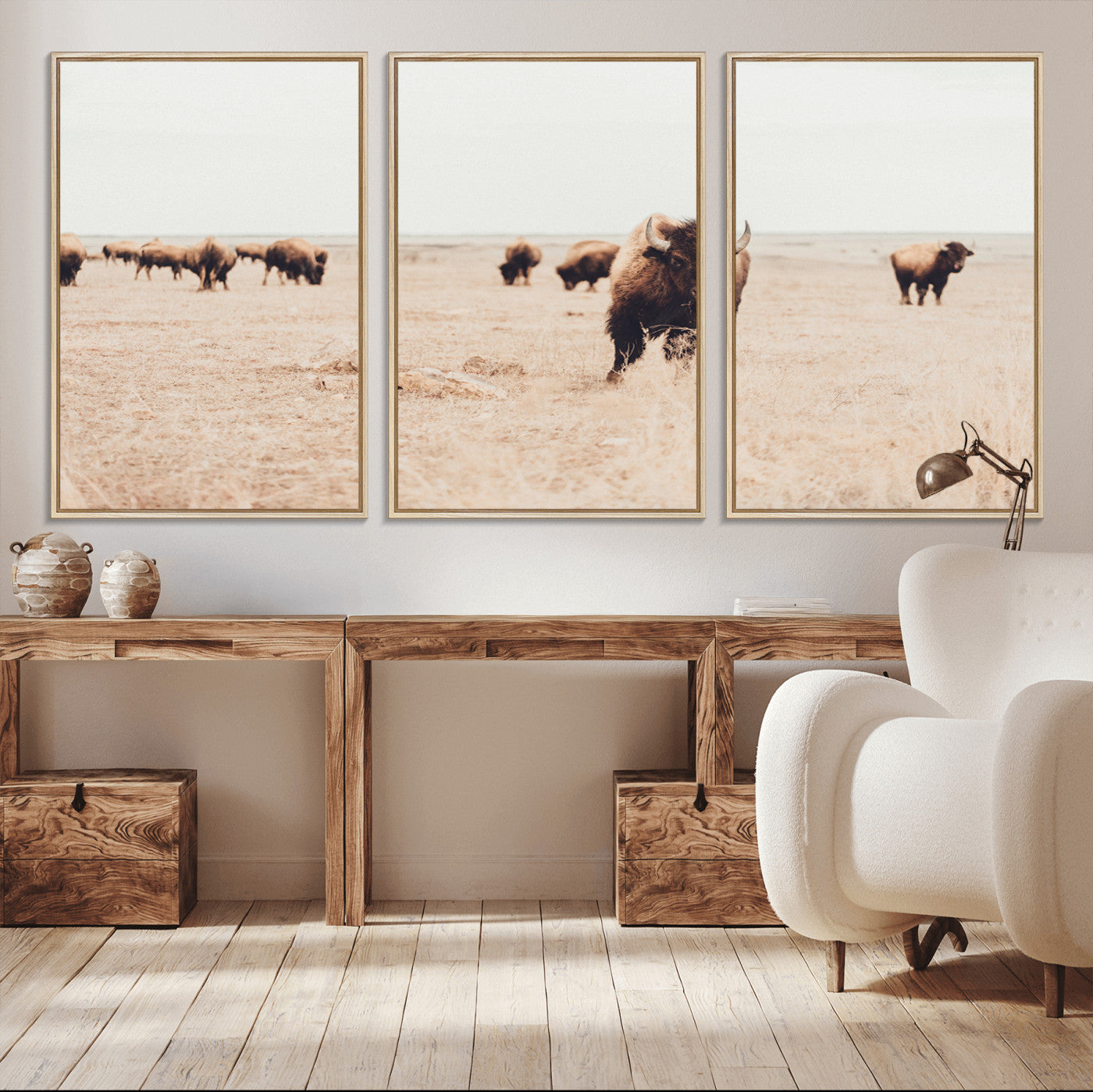 61367865-MGV-CV-36X24-Bison Herd Wall Art Canvas Print – Framed Western Prairie Serenity Ranch Nature Scene Artwork for Home Office