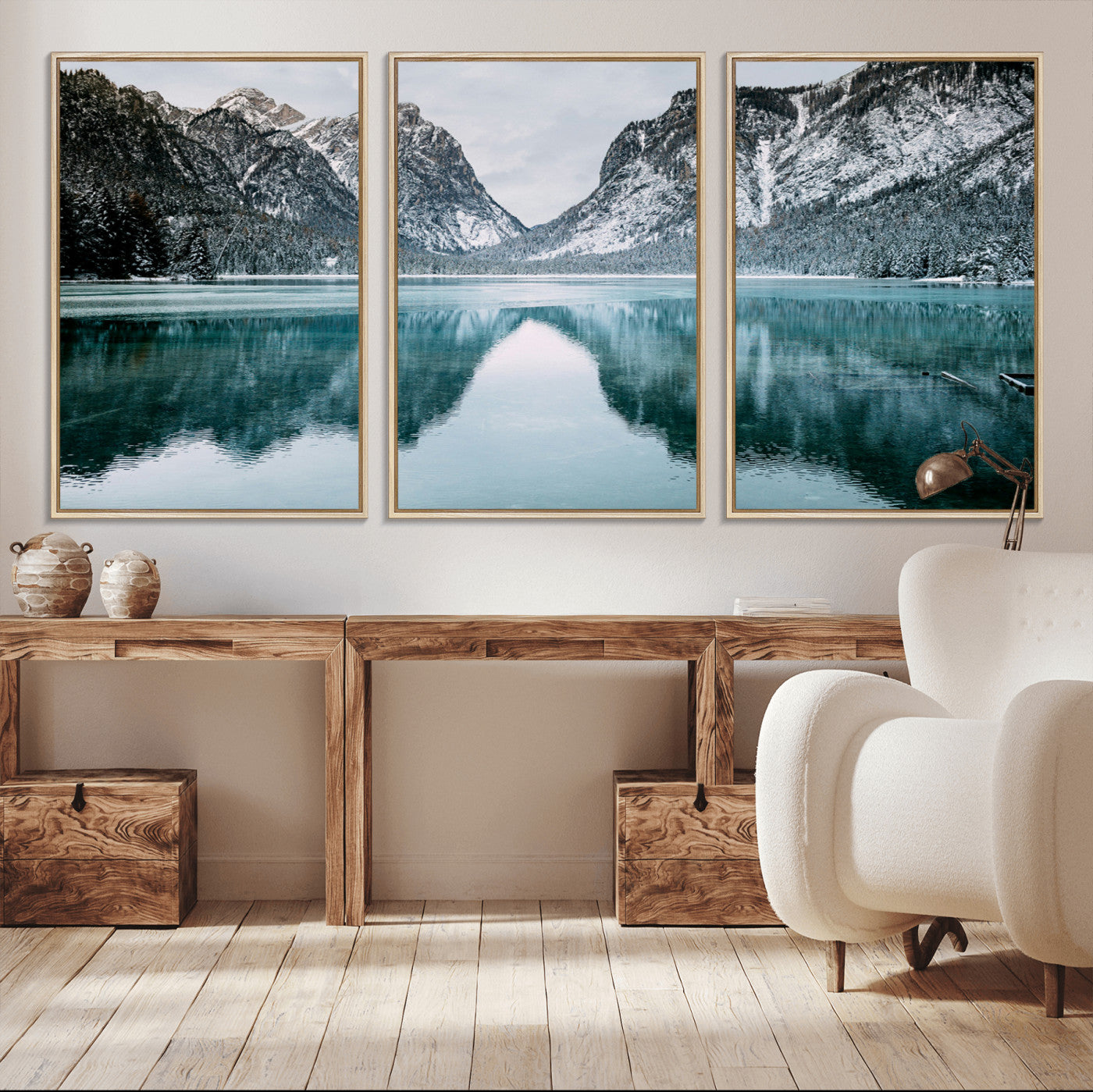 73098373-MGV-CV-36X24-Mountain Lake Wall Art Canvas Print – Framed Snowy Peaks Wonderland Nature Scene Artwork for Home Office