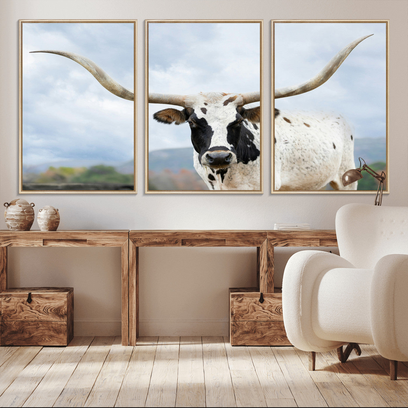 63592811-MGV-CV-36X24-Texas Longhorn Wall Art Canvas Print – Framed Western Rustic Farmhouse Nature Scene Artwork for Home Office