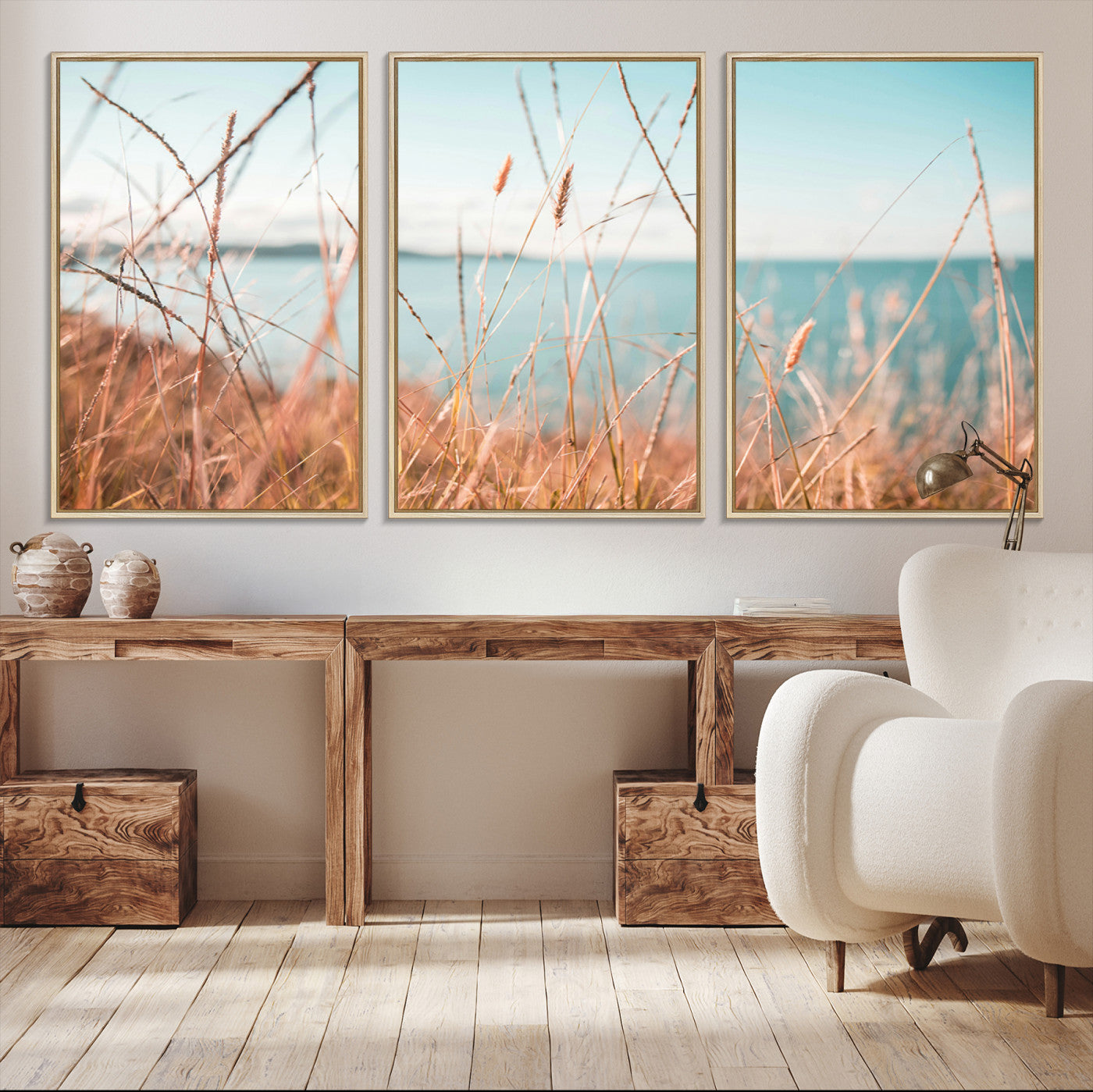 36108696-MGV-CV-36X24-Coastal Grass Landscape Wall Art Canvas Print – Golden Shoreline Nature Scene Serene Ocean View Artwork for Home Office