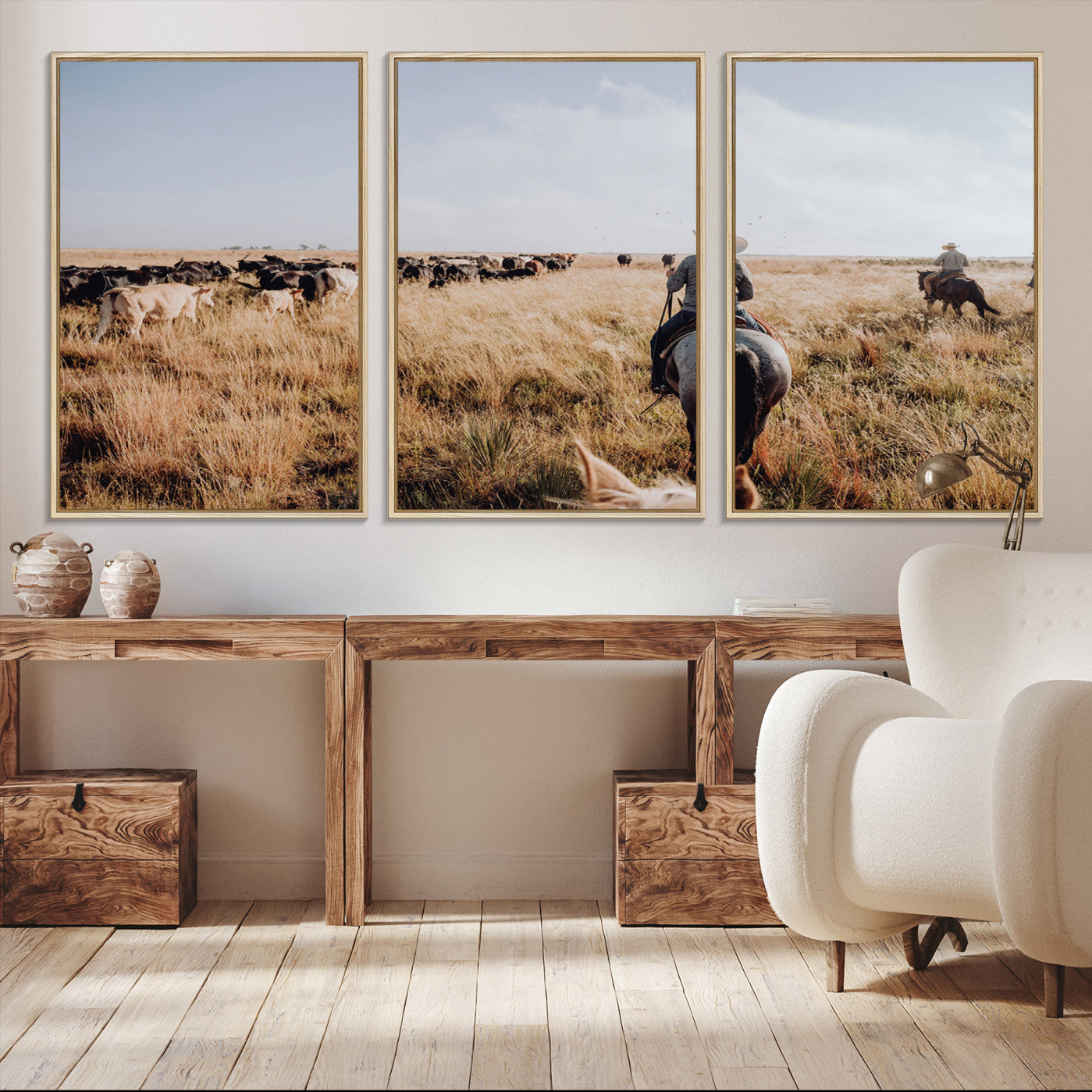 -Western Wall Art Canvas Print – Framed Cowboy Cattle Drive Scene Rustic Ranch Landscape Artwork for Home Office