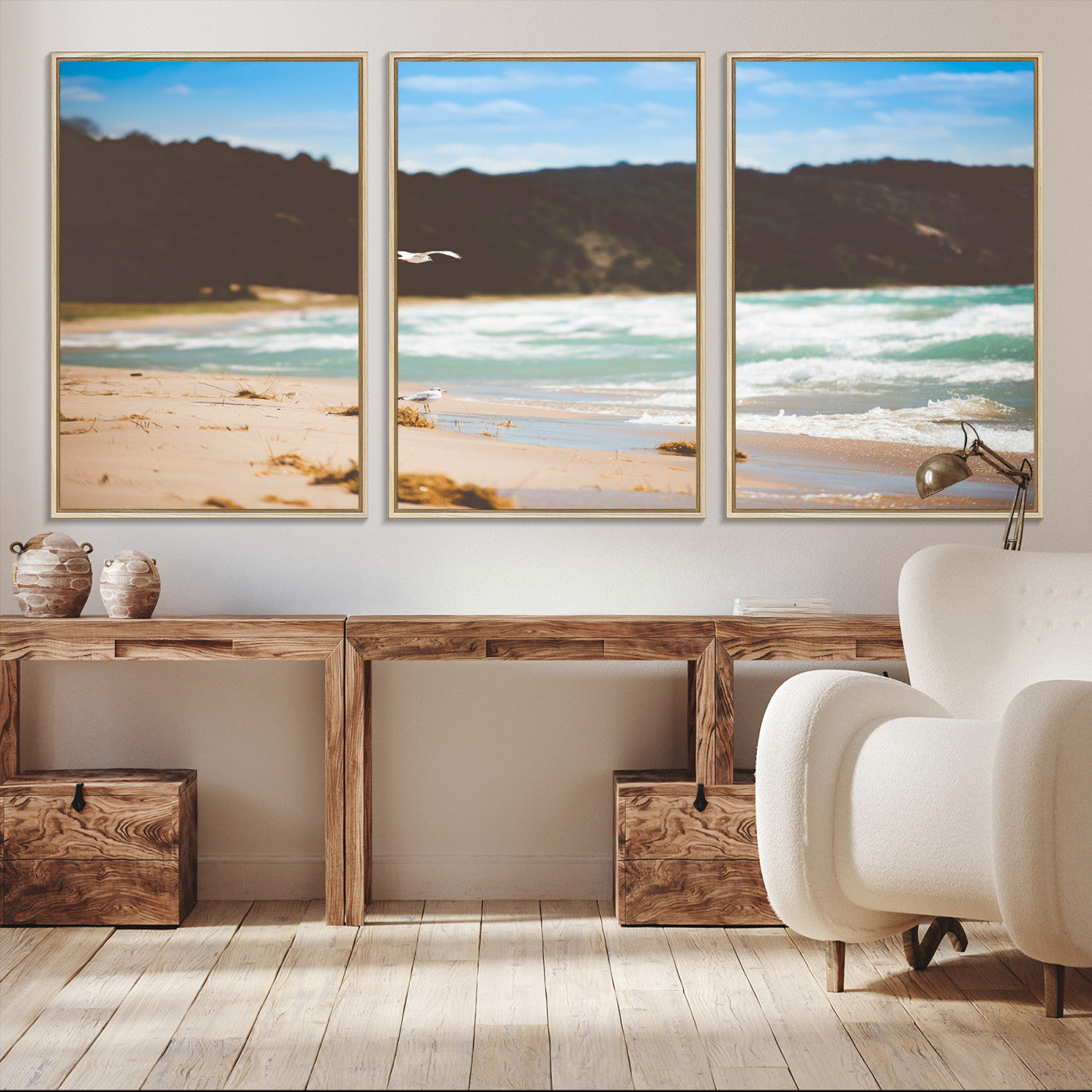 -Tranquil Beach Scene Wall Art Canvas Print – Framed Blue Ocean Waves Sandy Shore Coastal Nature Artwork for Home Office